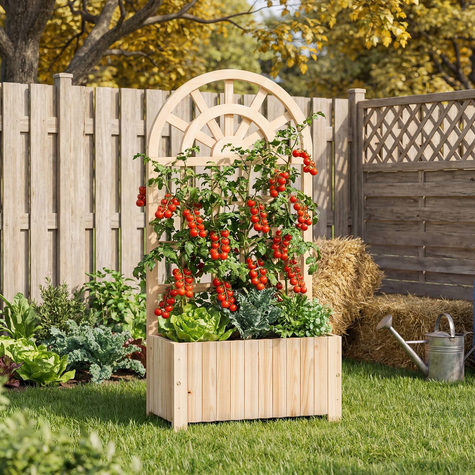 Alt View 3. Costway - Costway 48" Wooden Raised Garden Bed with Trellis, Drainage Holes for Flowers Vegetables - Natural.