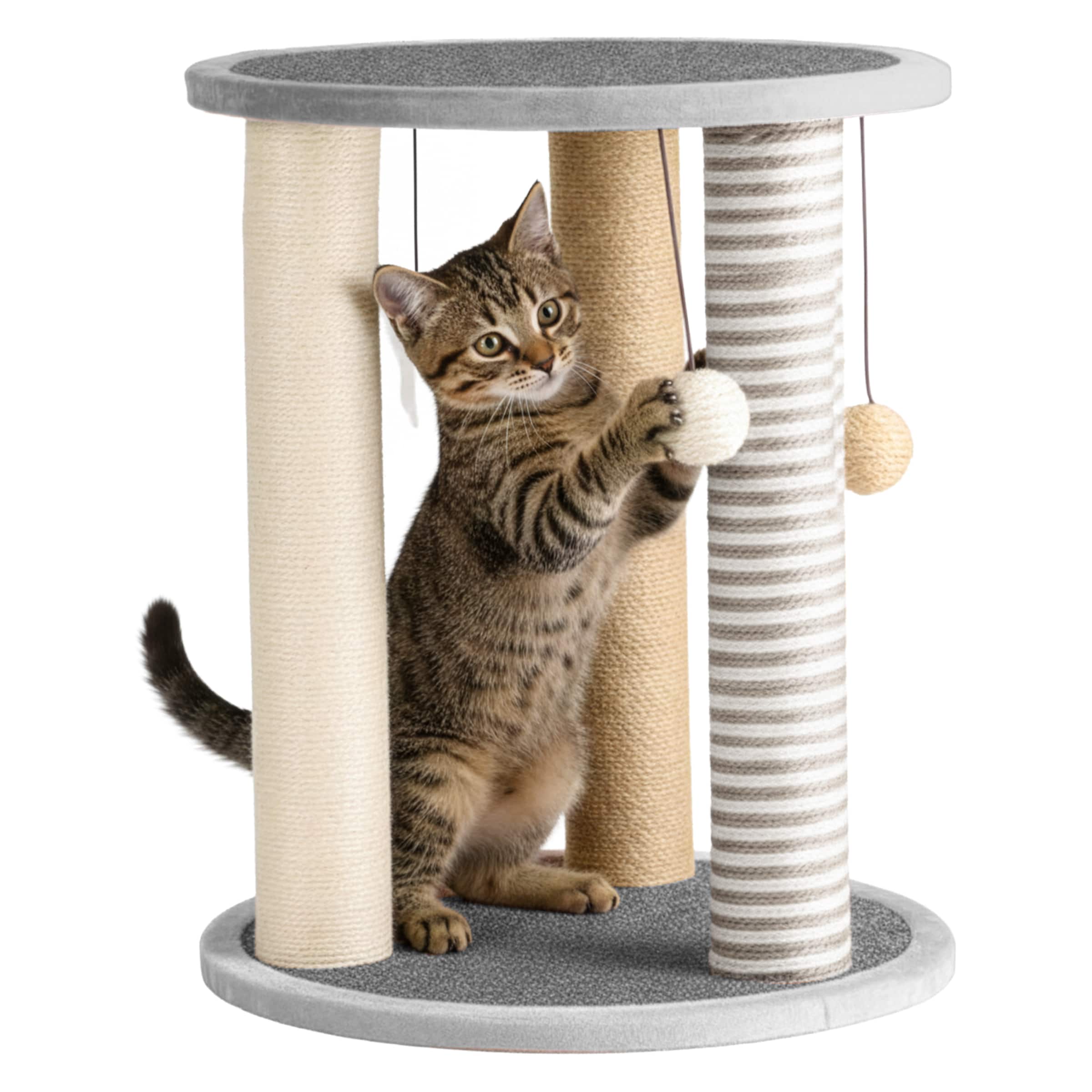 PetMaker - Cat Scratching Post Tower for Kittens & Small to Medium Cats with Carpeted Base, Perch, Toys 3 Sisal Rope Scratchers - Gray