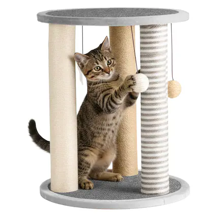 Front. PetMaker - Cat Scratching Post Tower for Kittens & Small to Medium Cats with Carpeted Base, Perch, Toys 3 Sisal Rope Scratchers - Gray.