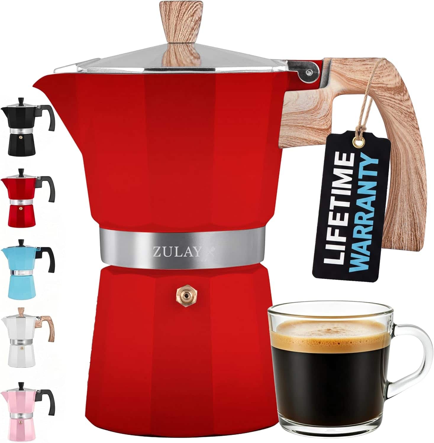 Zulay Kitchen - Stovetop Espresso Maker - Moka Pot 6 Espresso Cups - Red