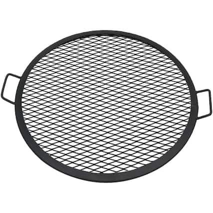 Front. Sunnydaze - 24 in Round Steel X-Mark Fire Pit Cooking Grill with Handles - Black.
