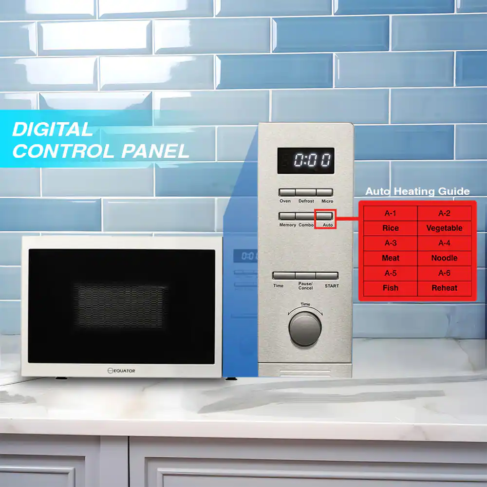 DIGITAL CONTROL PANEL

0:00

Oven Defrost Micro
Memory Combo Auto

Auto Heating Guide

A-1 Rice
A-2 Vegetable
A-3 Meat
A-4 Noodle
A-5 Fish
A-6 Reheat

Time Pause Cancel START

EQUATOR