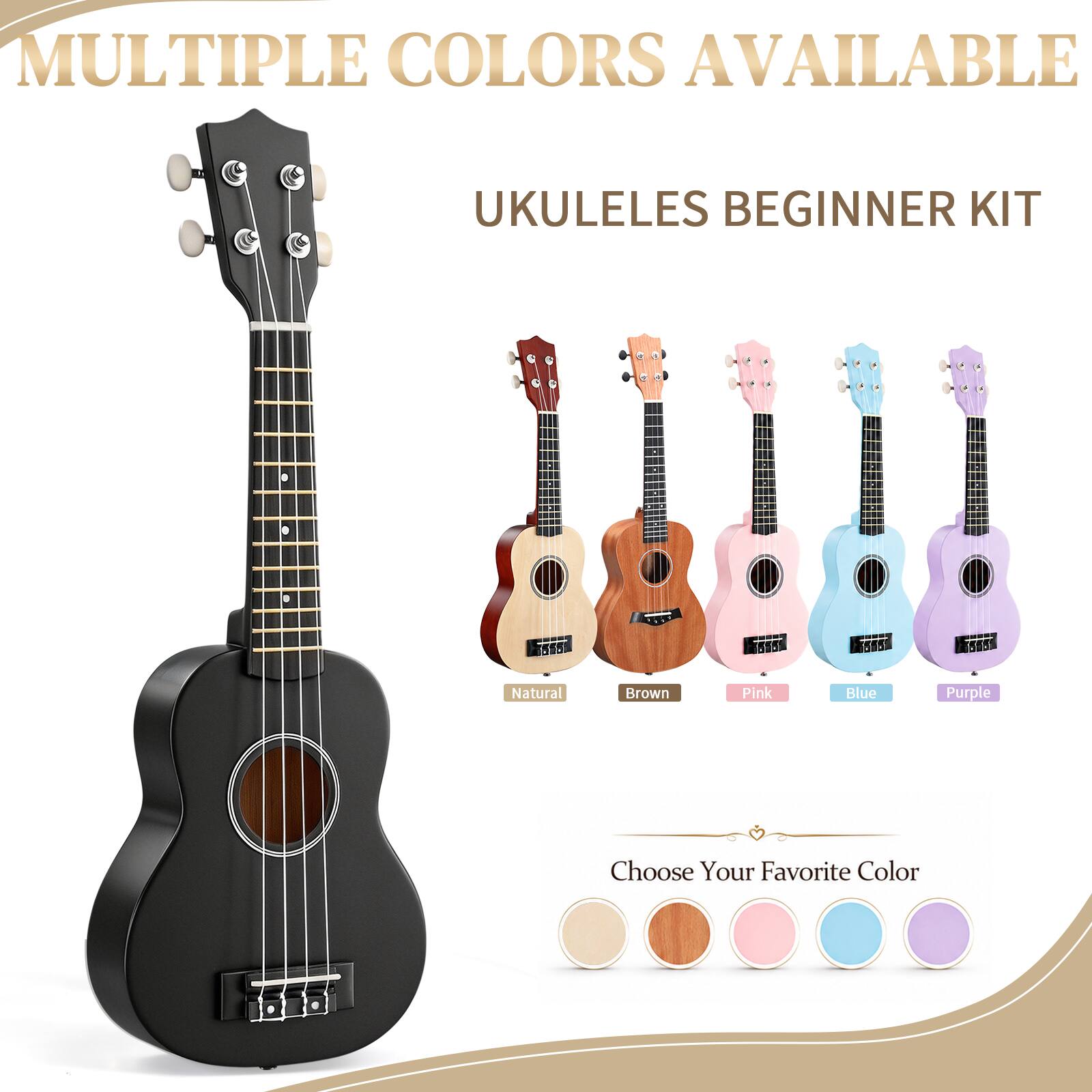 MULTIPLE COLORS AVAILABLE  
UKULELES BEGINNER KIT  

Natural  
Brown  
Pink  
Blue  
Purple  

Choose Your Favorite Color
