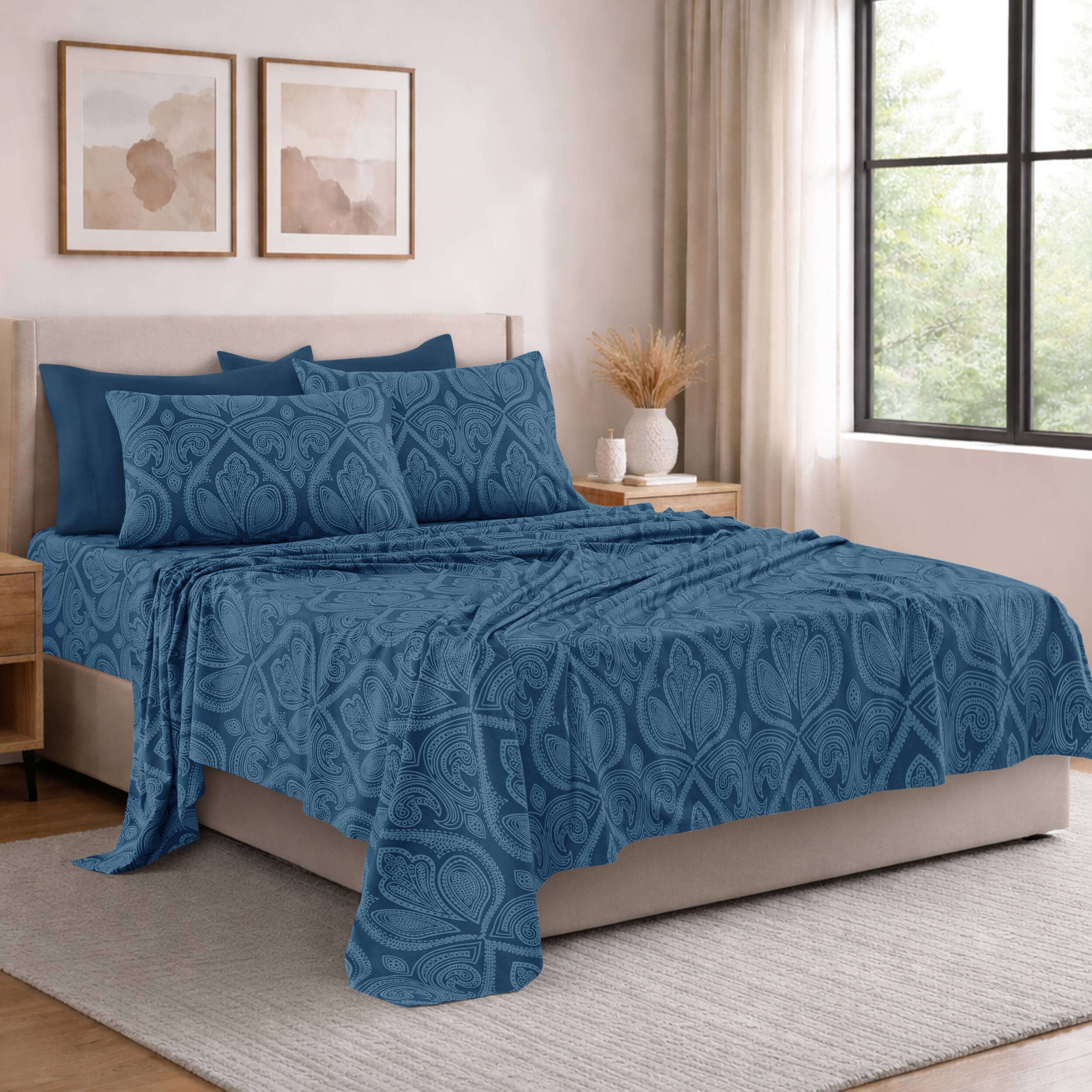 Angle. Lux Decor Collection - Lux Decor Collection 6-Piece Queen Sheet Set, Paisley Design Brushed Microfiber Deep Pocket Sheets - Navy Blue.