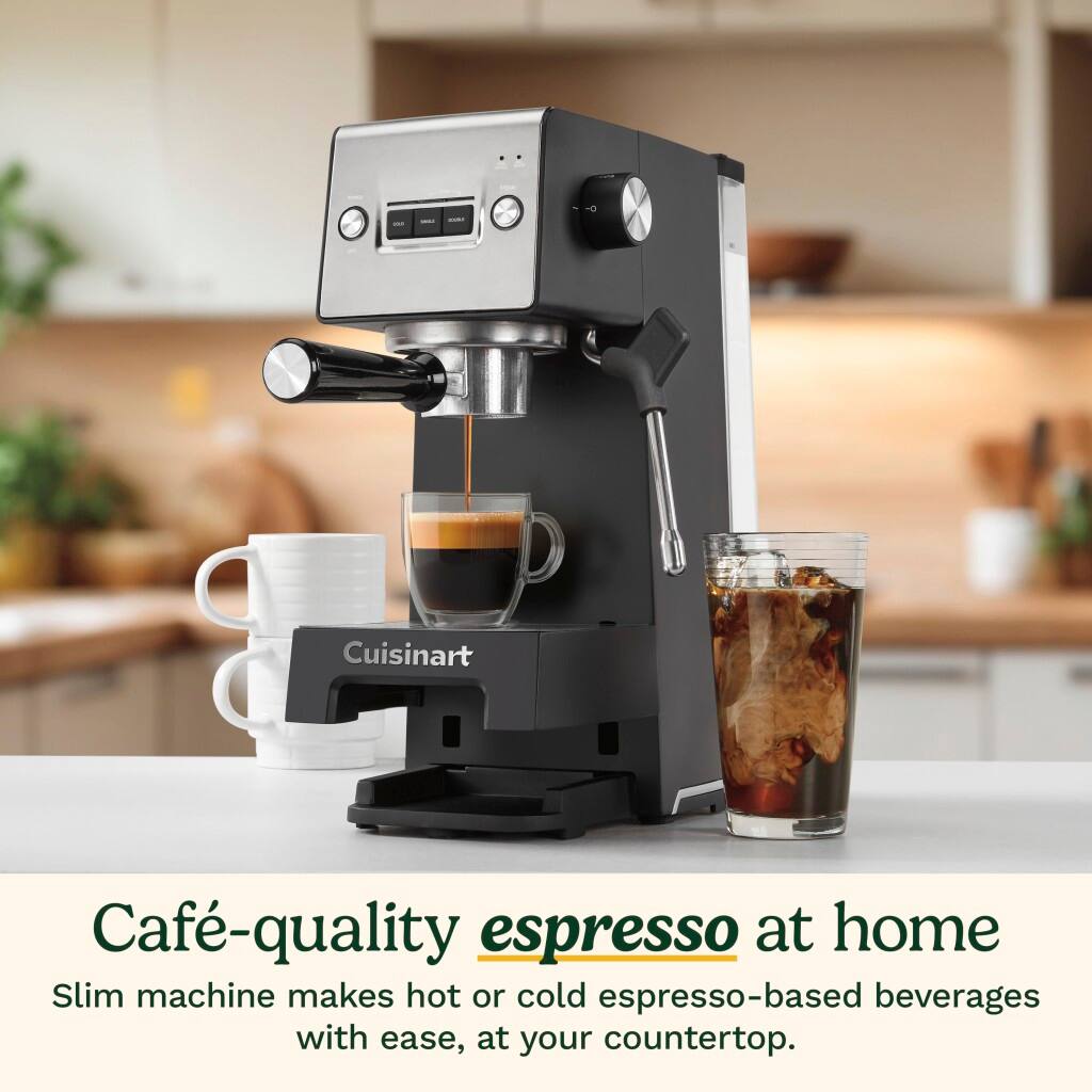 Cuisinart Cafe-quality espresso at home. Slim machine makes hot or cold espresso-based beverages with ease, at your countertop.