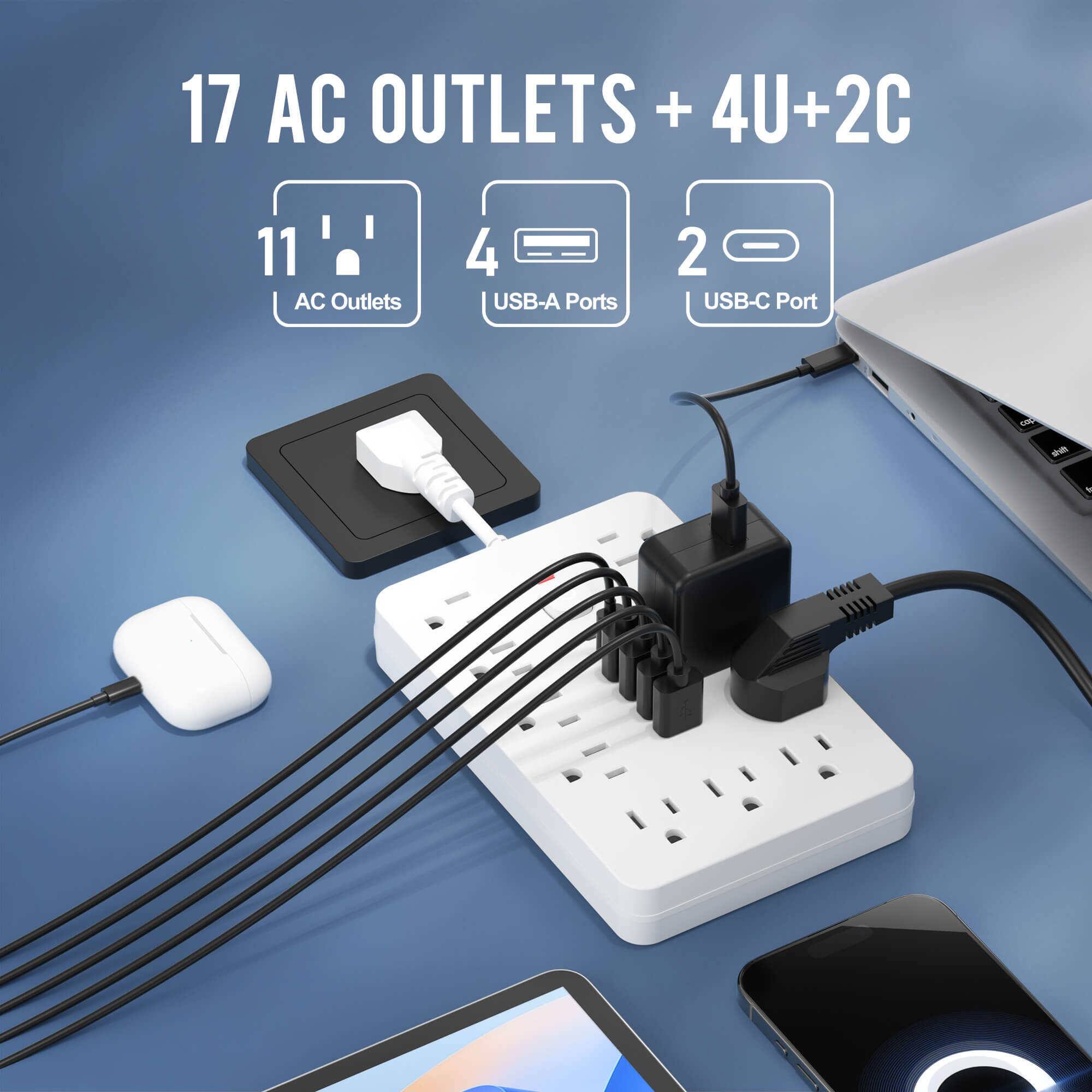 17 AC OUTLETS + 4U+2C  
11 AC Outlets  
4 USB-A Ports  
2 USB-C Port
