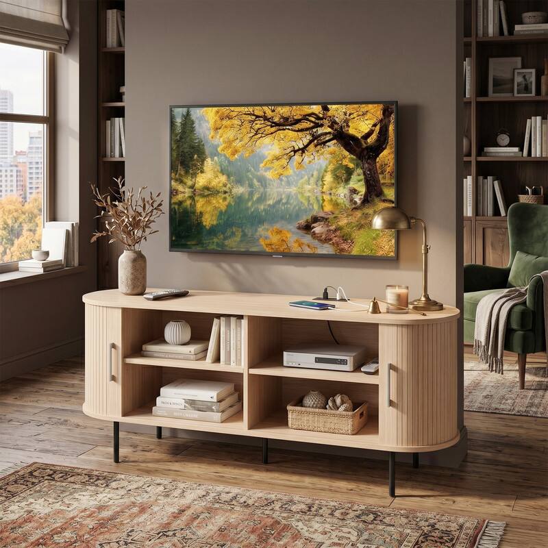 Back. WELLFOR - 55" Fluted TV Stand for TVs up to 60", Mid Century Curved Entertainment Center - Natural.