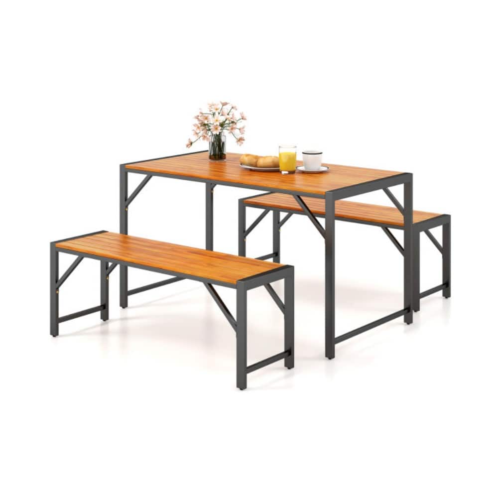 Mondawe - 3 Pieces Patio Dining Set with Acacia Wood Dining Table and 2 Benches - Natural+Black