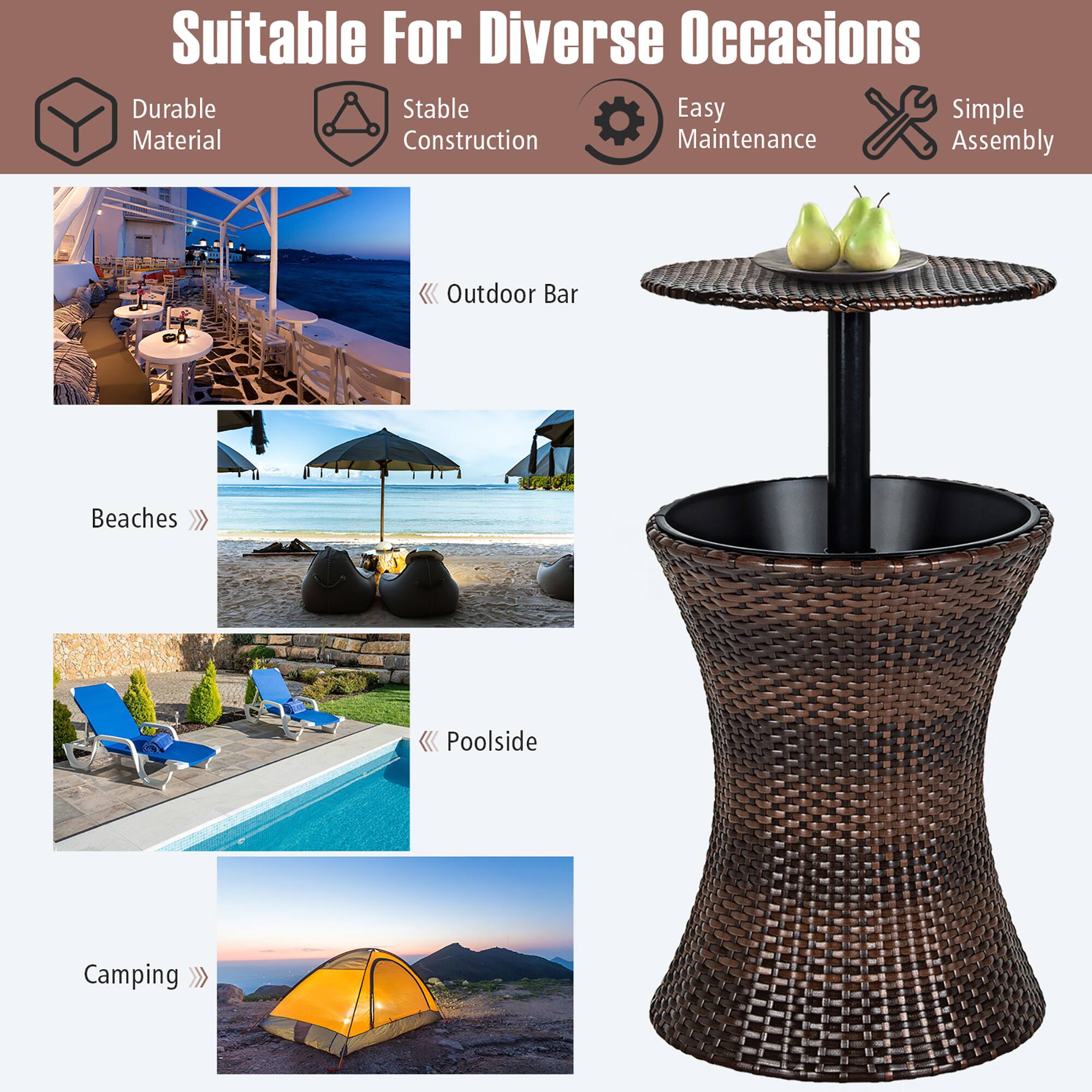 Suitable For Diverse Occasions  
Durable Material  
Stable Construction  
Easy Maintenance  
Simple Assembly  

Outdoor Bar  
Beaches  
Poolside  
Camping