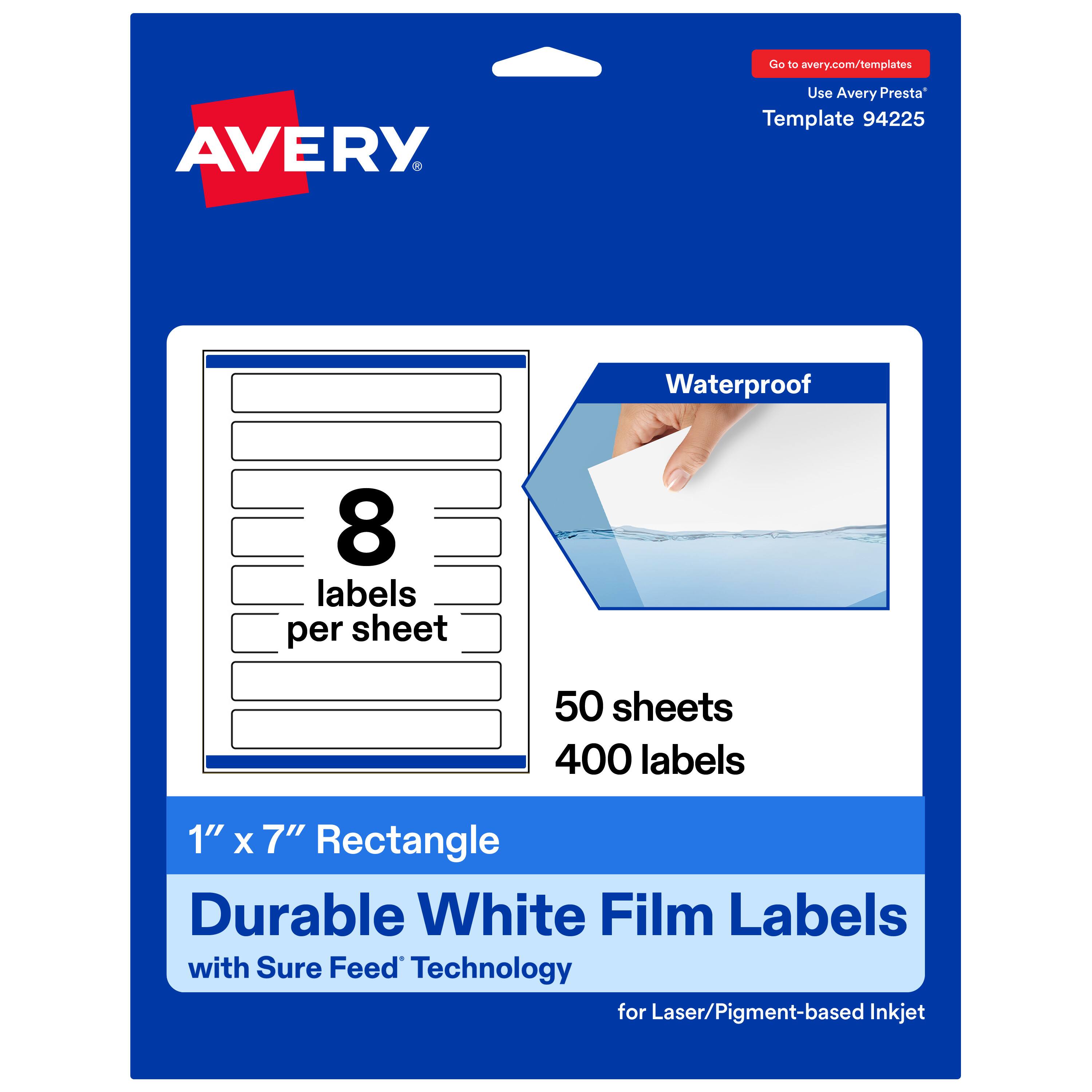 Go to avery.com/templates  
Use Avery Presta™ Template 94225  

Waterproof  
8 labels per sheet  
50 sheets  
400 labels  

1" x 7" Rectangle  
Durable White Film Labels with Sure Feed™ Technology for Laser/Pigment-based Inkjet