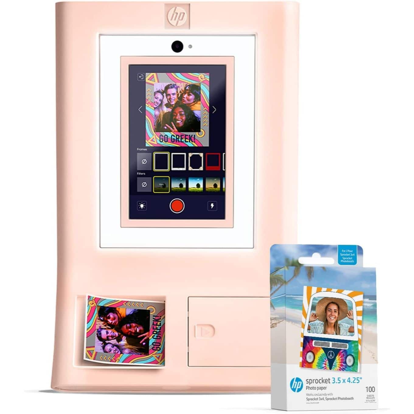 HP - Sprocket Photo Booth + 100 3x4 Zink Paper Sheets, Digital Instant Color Photo Printer w/ 10.1" Touchscreen & More - Pink