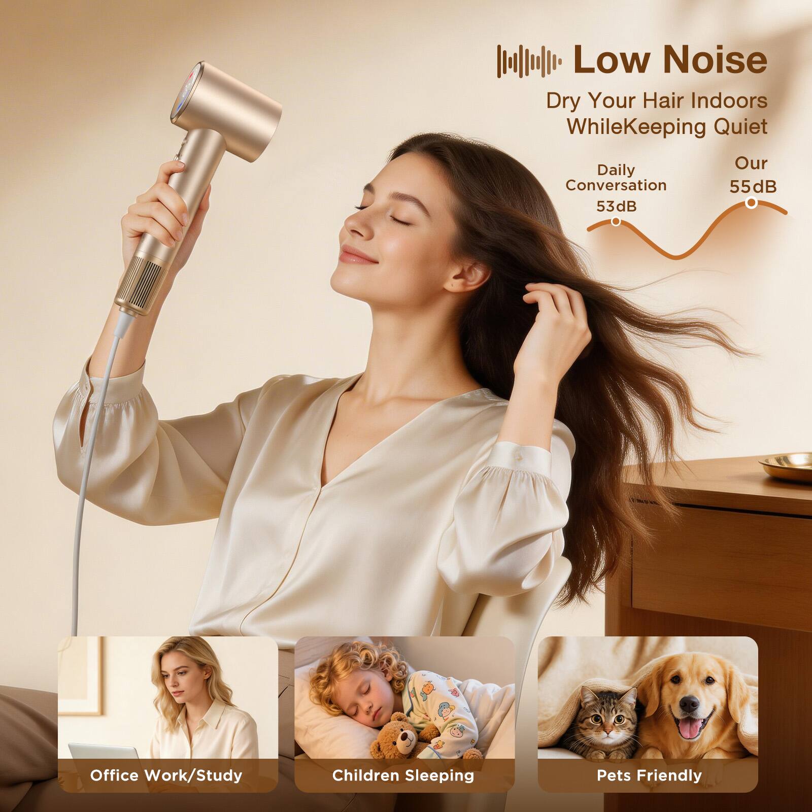 Low Noise  
Dry Your Hair Indoors While Keeping Quiet  

Our Daily Conversation  
55dB  
53dB  

Office Work/Study  
Children Sleeping  
Pets Friendly