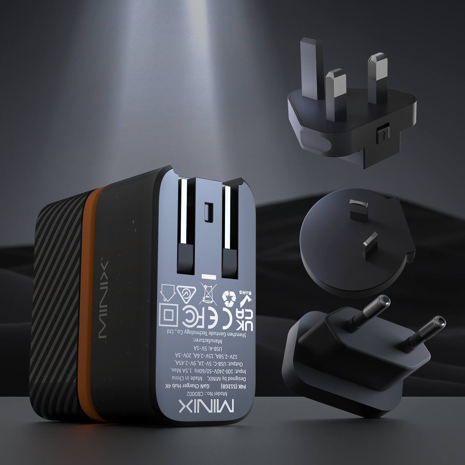 The text on the image reads: "MINIX ROHS CE CB UL Co. Technology Gentude Shenthen Manufacturer: SV-1A USB-A:5V-1A 20V-3A 15V-2.6A 12V-2.58A 9V-2.45A, 5V-2A, USB-C Output: Max. 1.5A 100-240V-50/60Hz Input: China Made MINIX p Designed 4K HOP Charger GaN (512G8) P4K CBD0OS No. Model MINIX."