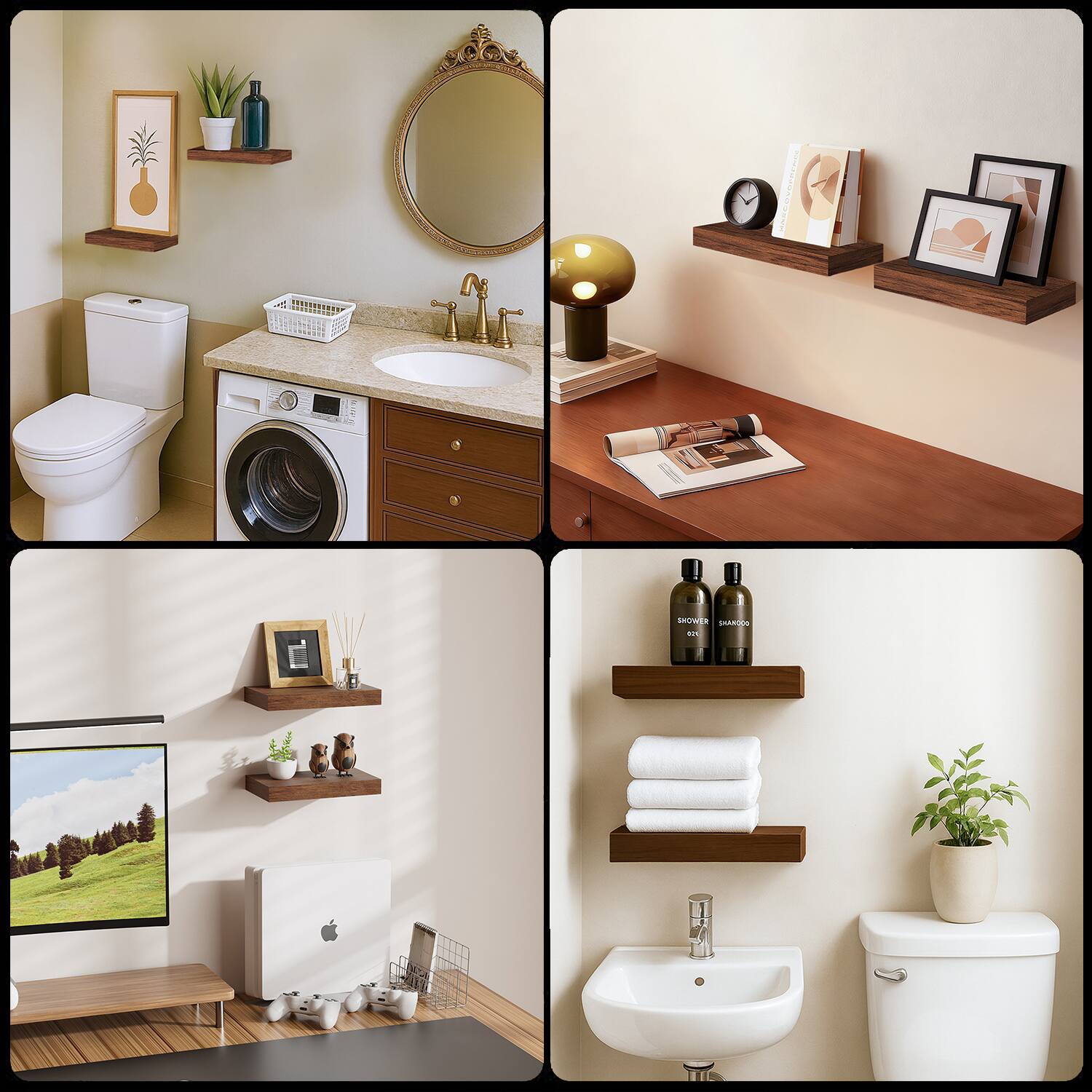 - In the top left image, there is a bathroom with a white toilet, a washing machine, and a sink. Above the toilet, there is a wooden shelf with a framed picture of a carrot and a potted plant. A mirror with a decorative frame is mounted on the wall above the sink. A basket is placed on the countertop next to the sink.

- In the top right image, there is a wooden desk with a green lamp, a clock, and some books. Above the desk, there are two wooden shelves with framed pictures and a small plant.

- In the bottom left image, there is a living room setup with a TV, a gaming console, and a wooden shelf. The shelf has a framed picture, a small plant, and some decorative items.

- In the bottom right image, there is a bathroom with a white sink and a toilet. Above the sink, there are two wooden shelves with folded towels and bottles labeled "SNOWBERRY" and "SHAMPOO." A potted plant is placed on the toilet tank.