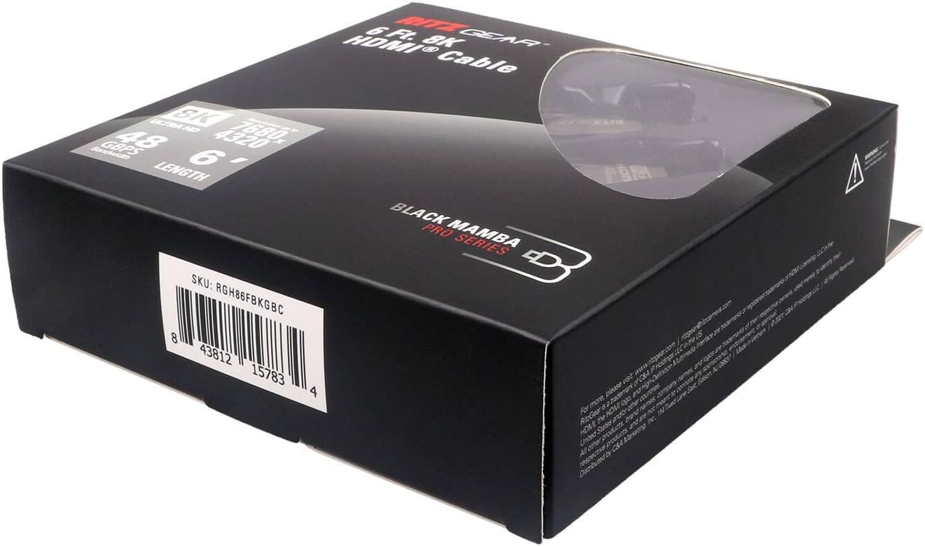 6FT. HDMI Cable 8K 7680x4320 48 GBPS LENGTH 6 BLACK MAMBA PRO SERIES SKU: RGH86FBKGBC 8 43812 15783 For more information, please visit www.rizgear.com. All rights reserved. RizGear is not responsible for any damages or losses caused by the use of this product.