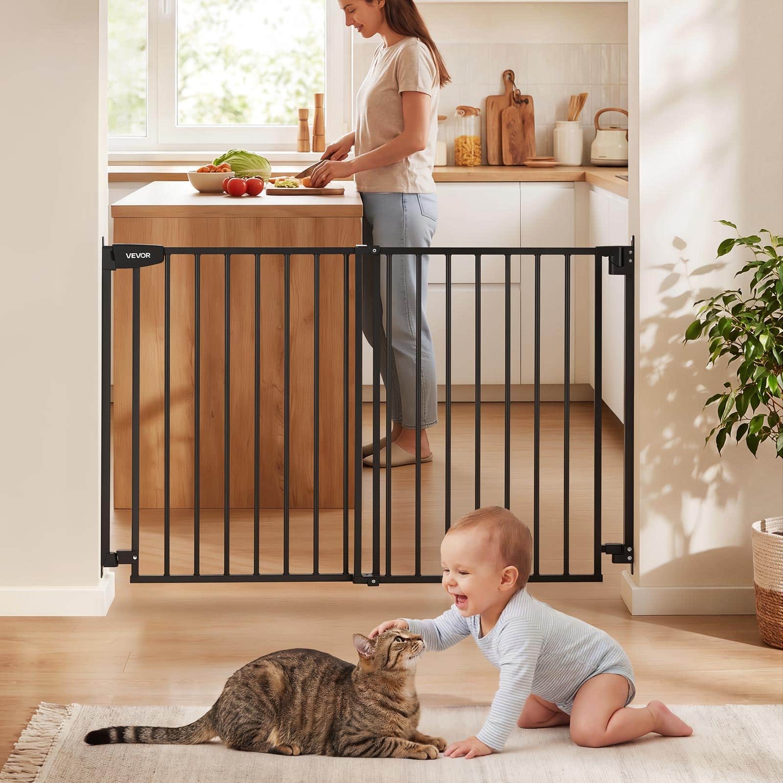 VEVOR - Baby Gate for Stairs, 31-48 in Adjustable Width, 30 in High Dog Gate, No Bottom Bar, One-Handed Operation, Easy Drilling - Black