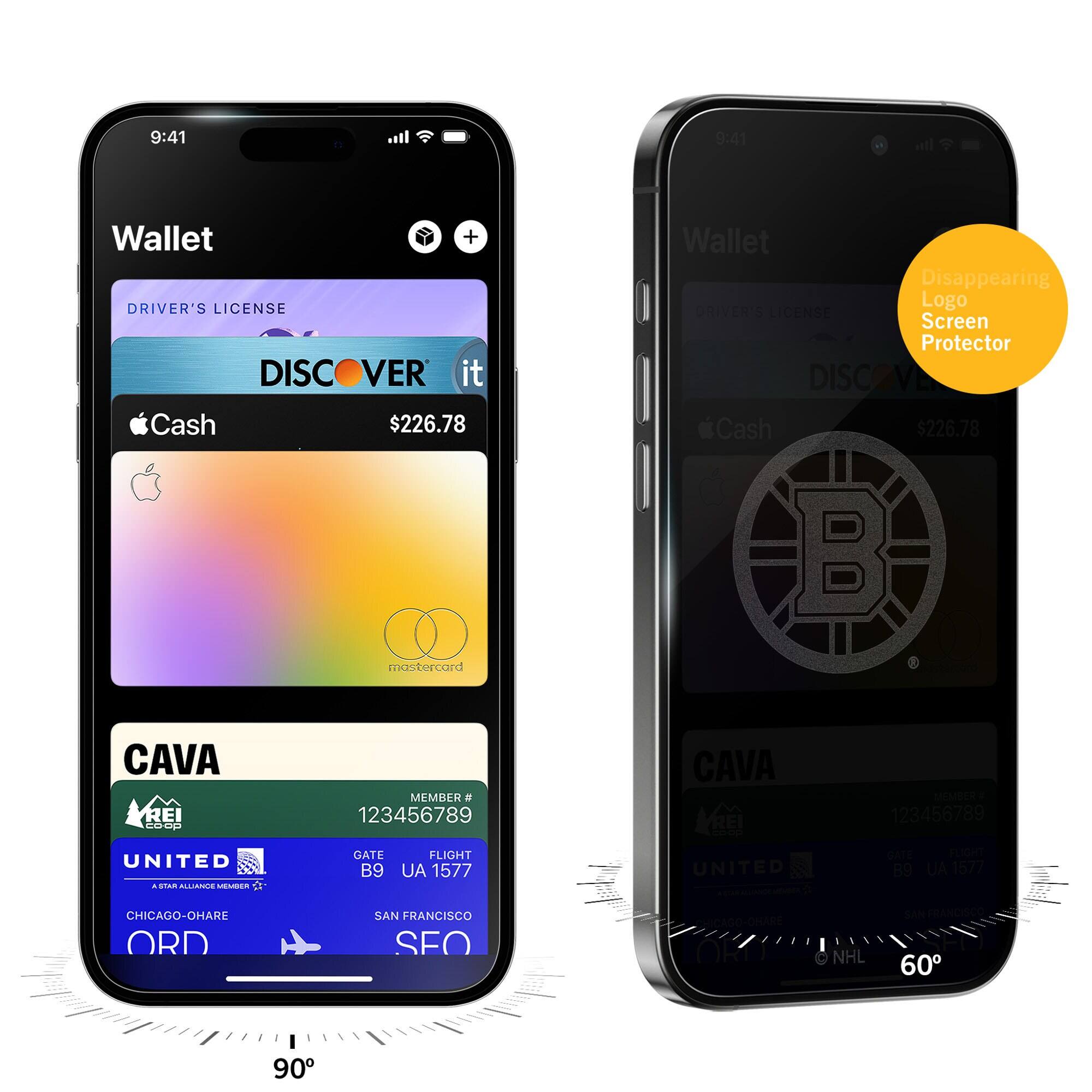 9:41  
Wallet + DRIVER'S LICENSE  
DISCOVER it Cash $226.78 mastercard  
Wallet  
Disappearing Logo DRIVER'S LICENSE Screen Protector  
DISCOVER it Cash $226.78  
CAVA REI coop  
MEMBER # 123456789  
CAVA REI coop  
MEMBER 123456789  
UNITED A STAR ALUANCE MEMBER  
GATE B9  
FLIGHT UA 1577  
UNITED  
GATE FLIGHT B9 AU 1577  
CHICAGO-OHARE ORD  
SAN FRANCISCO SFO  
C NHL  
SAN FRANCISCO 60  
90