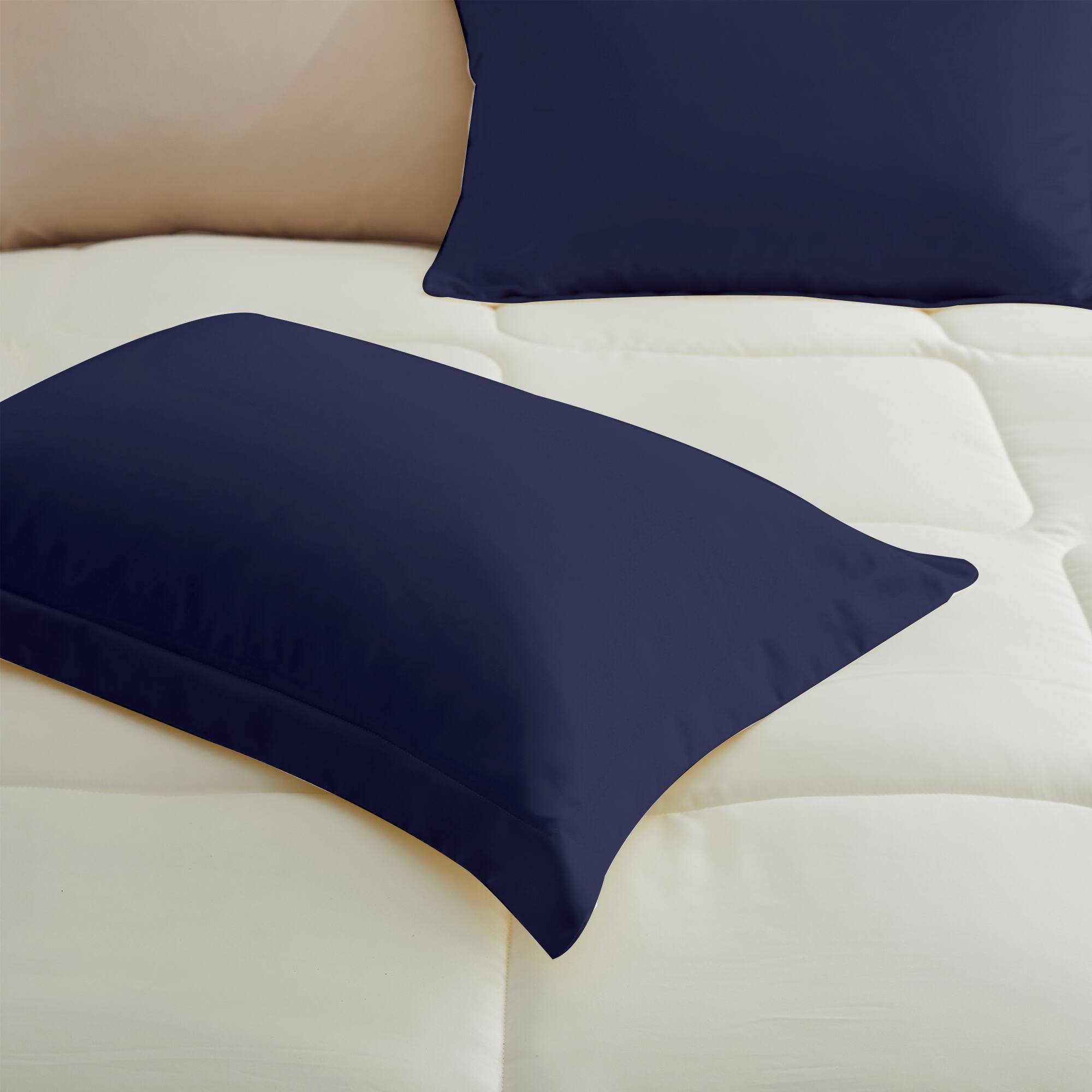 Left. Peace Nest - Peace Nest Lightweight Cool-Touch Satin Comforter Sets with Pillowcases - Navy.