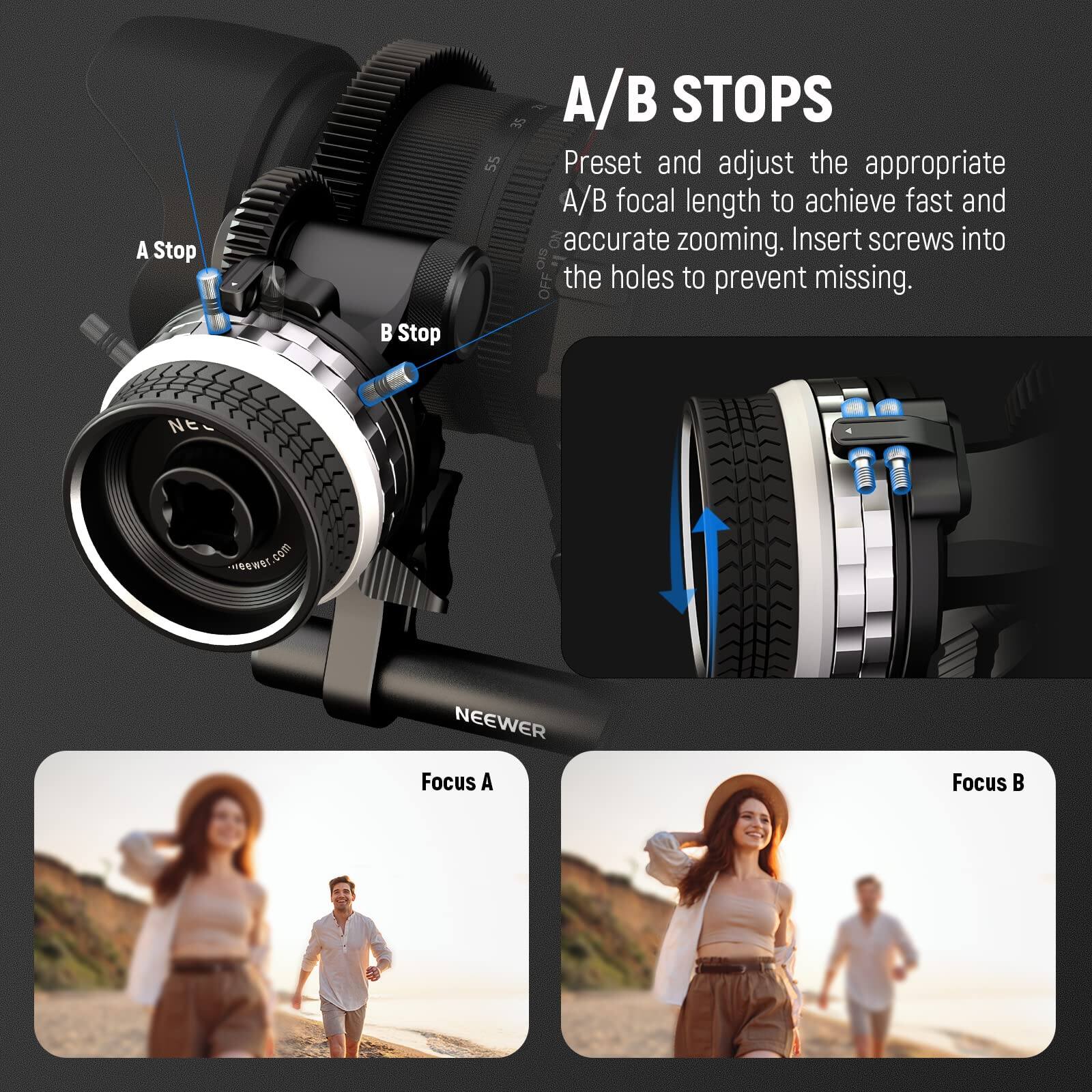 A/B STOPS

Preset and adjust the appropriate A/B focal length to achieve fast and accurate zooming. Insert screws into the holes to prevent missing.

A Stop  
B Stop

Focus A  
Focus B