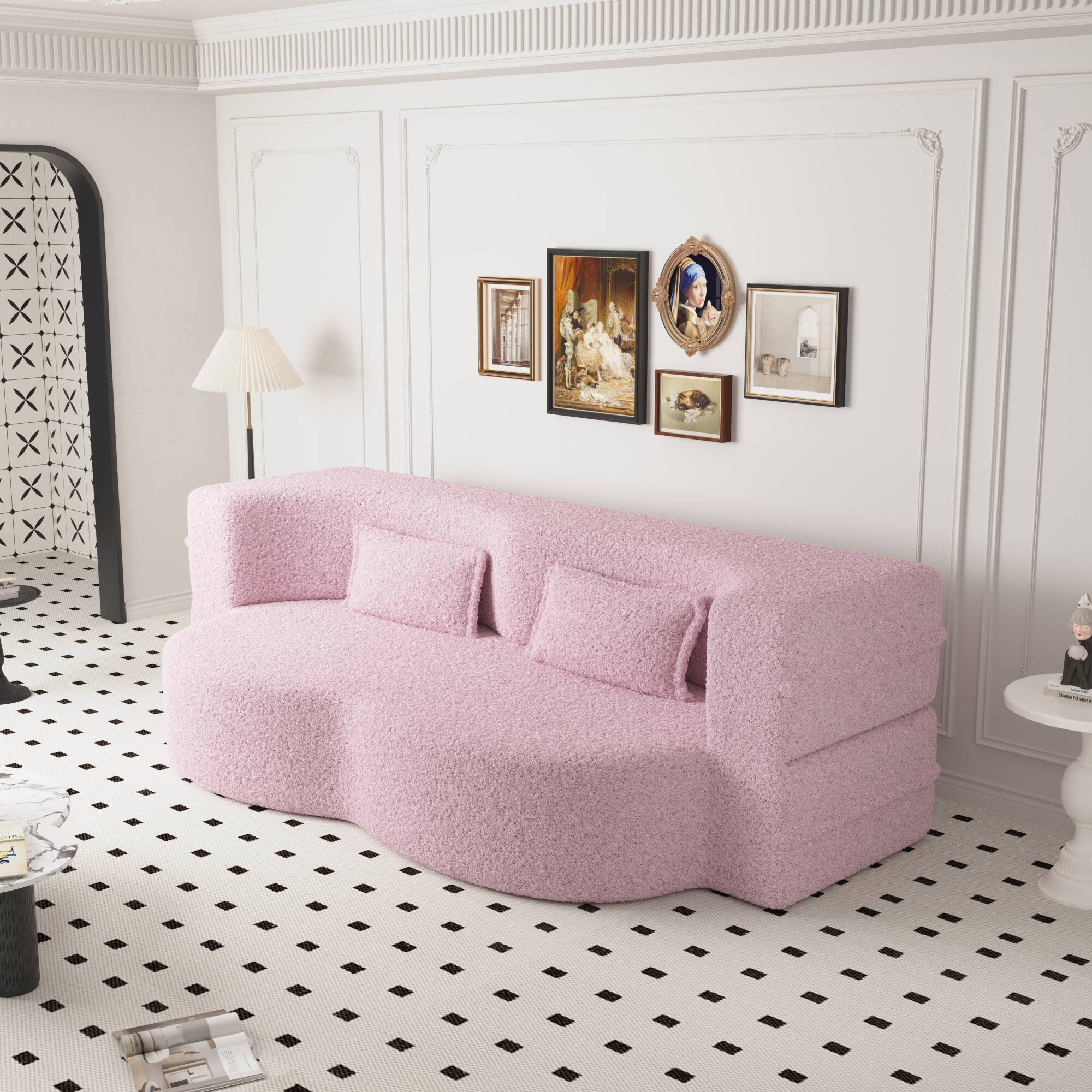 Angle. GOODSILO - Convertible Floor Sofa Bed with 2 Pillows, Full Size Folding Mattress for Living Room and Guest Spaces - Pink.