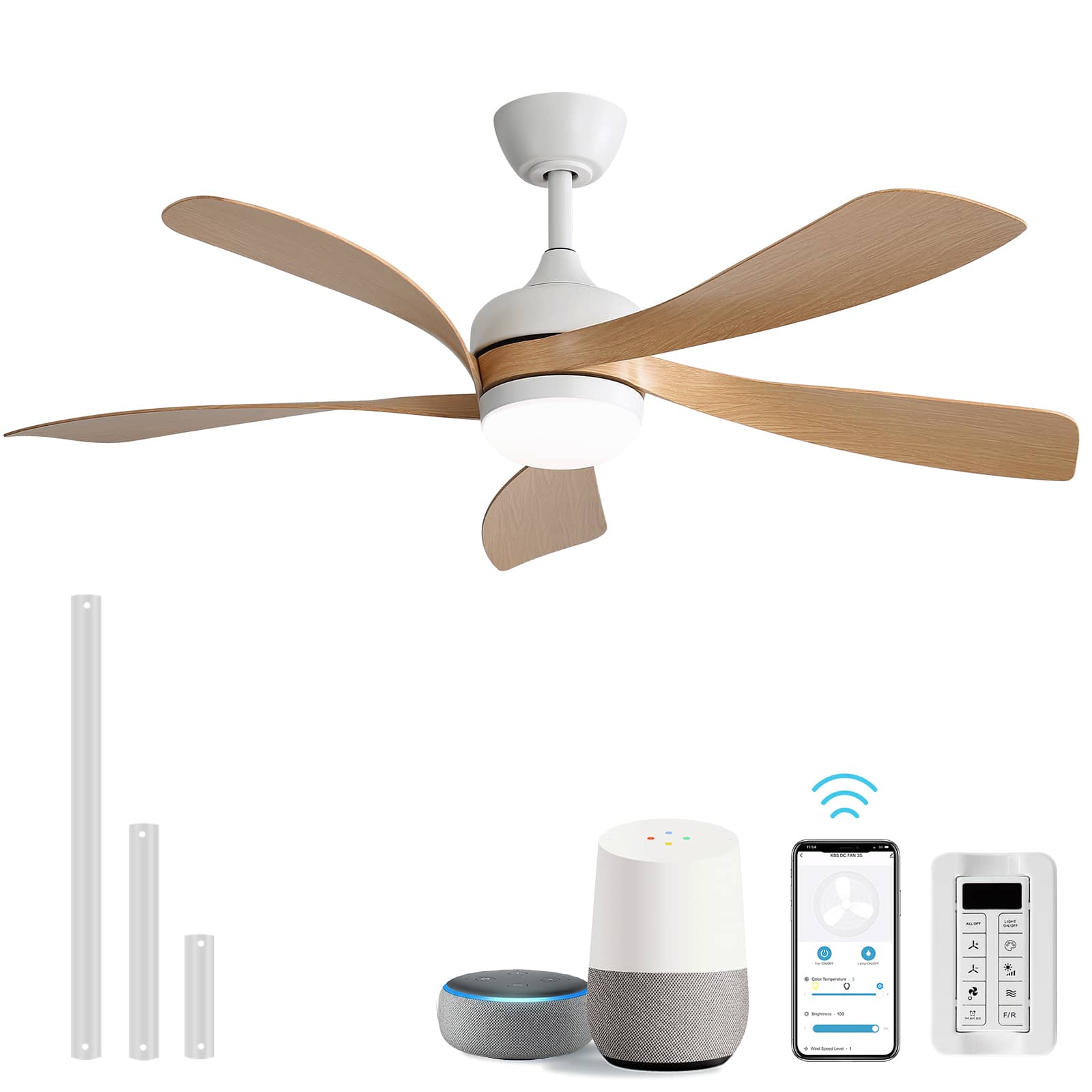 Sofucor - 45''/52" Smart Ceiling Fan With LED Light and Remote Work with Alexa/Google/App 6-Speed Timing Reversible Indoor/Outdoor - 52inch - White - Light Brown