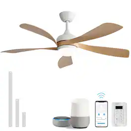 Sofucor - 45''/52" Smart Ceiling Fan With LED Light and Remote Work with Alexa/Google/App 6-Speed Timing Reversible Indoor/Outdoor - 52inch - White - Light Brown