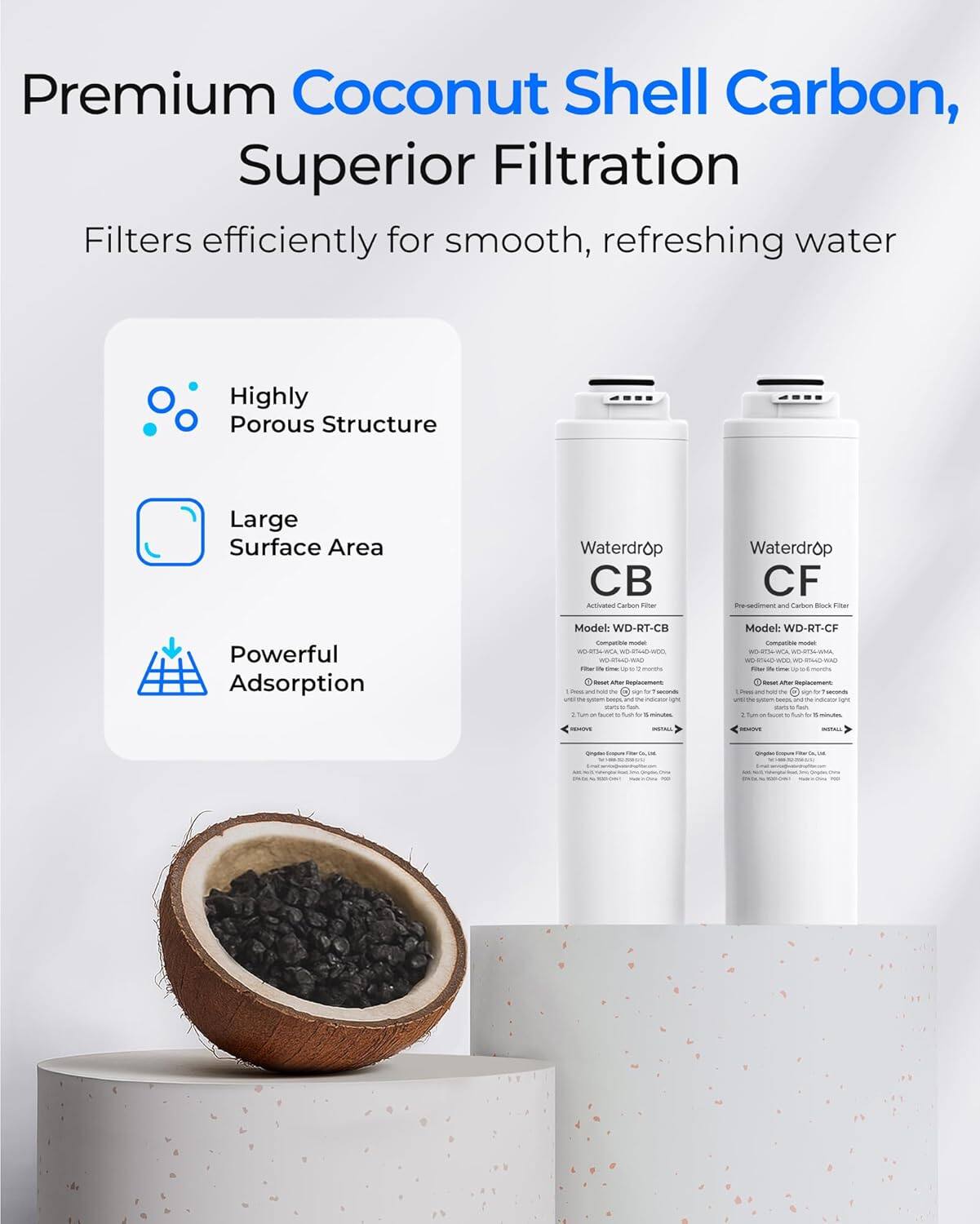 Premium Coconut Shell Carbon, Superior Filtration  
Filters efficiently for smooth, refreshing water  

- Highly Porous Structure  
- Large Surface Area  
- Powerful Adsorption  

Waterdrop CB  
Activated Carbon Filter  
Model: WD-RT-CB  

Waterdrop CF  
Pre-sediment and Carbon Block Filter  
Model: WD-RT-CF