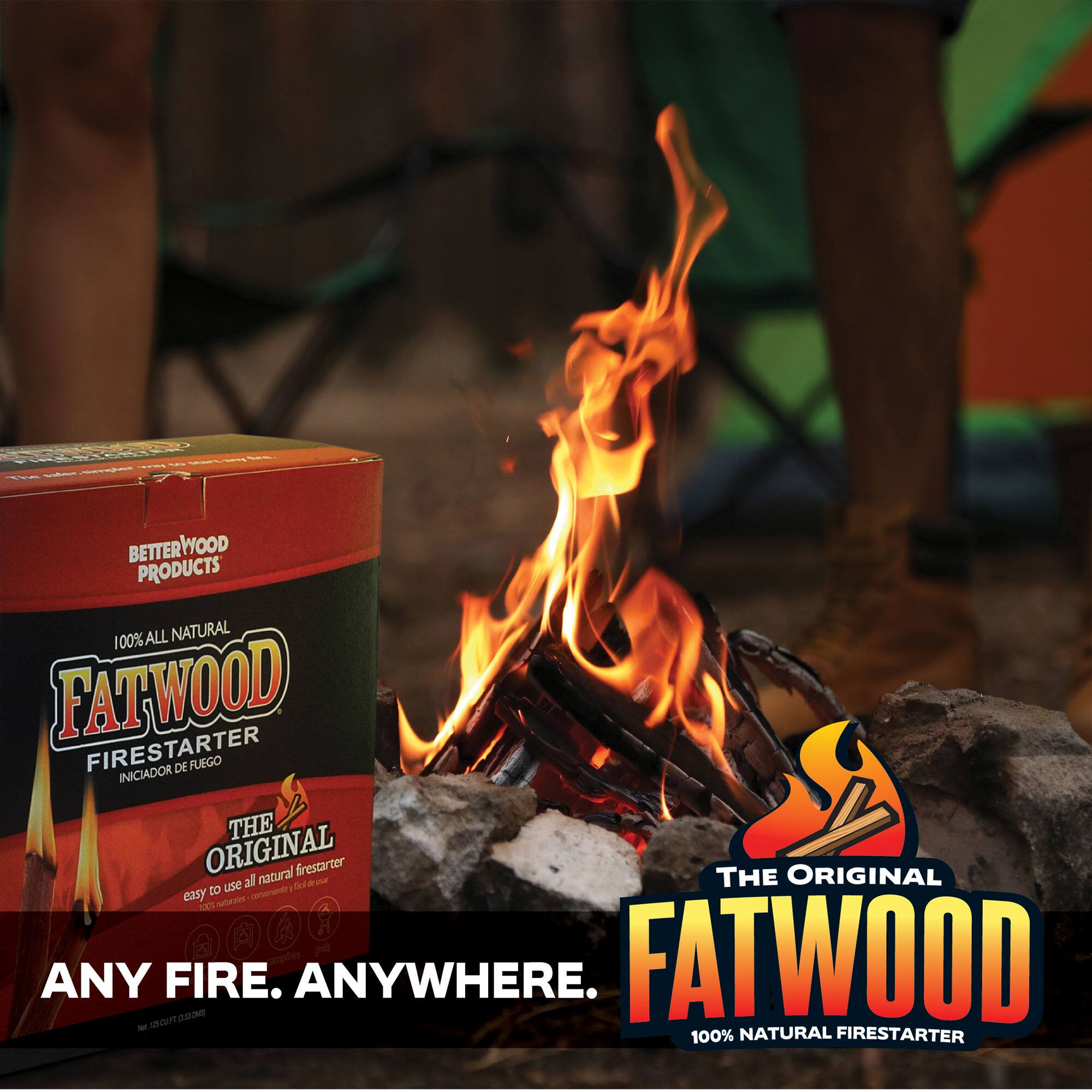 - BETTERWOOD WOOD PRODUCTS  
100% ALL NATURAL FATWOOD FIRESTARTER  
INICIADOR DE FUEGO  
THE ORIGINAL  
easy to use all natural firestarter  
ANY FIRE. ANYWHERE.  
100% NATURAL FIRESTARTER