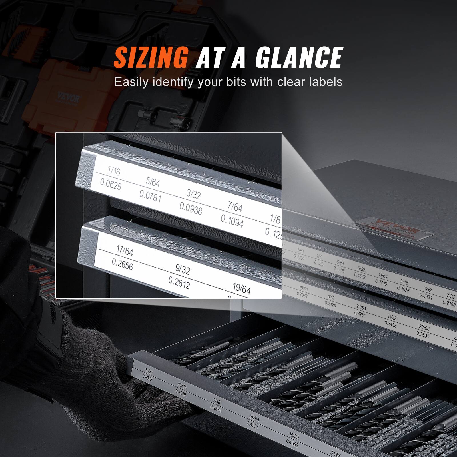 Sure, here is the corrected and grouped text:

---

**SIZING AT A GLANCE**

Easily identify your bits with clear labels

- 1/16 0.0625
- 5/64 0.0781
- 3/32 0.0938
- 7/64 0.1094
- 1/8 0.125
- 17/64 0.2656
- 9/32 0.2812
- 19/64 0.2969
- 5/32 0.1562
- 11/32 0.3438
- 3/16 0.1875
- 13/32 0.4062
- 7/16 0.4375
- 23/64 0.3594
- 3/4 0.75
- 27/64 0.4219
- 