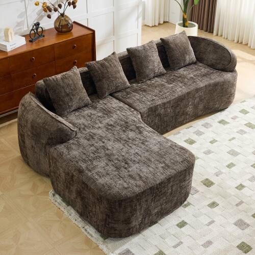 Angle. Anysun - Chenille L-Shape Compressed Sofa - High-Elastic Sponge, Curved Armrests & 4 Throw Pillows for Living Room - Brown.
