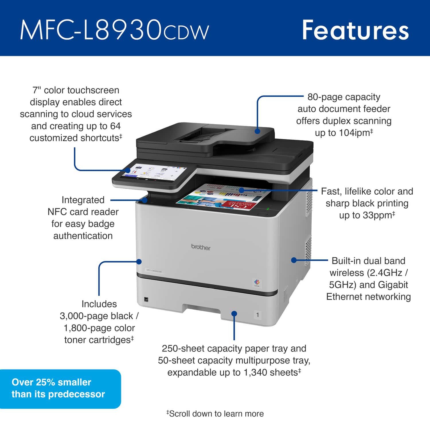 MFC-L8930CDW
Features
- 7" color touchscreen display enables direct scanning to cloud services and creating up to 64 customized shortcuts+
- Integrated NFC card reader for easy badge authentication
- Includes 3,000-page black / 1,800-page color toner cartridges+
- 80-page capacity auto document feeder offers duplex scanning up to 104ipm+
- Fast, lifelike color and sharp black printing up to 33ppm+
- Built-in dual band wireless (2.4GHz / 5GHz) and Gigabit Ethernet networking
- 250-sheet capacity paper tray and 50-sheet capacity multipurpose tray, expandable up to 1,340 sheets+
- Over 25% smaller than its predecessor
*Scroll down to learn more