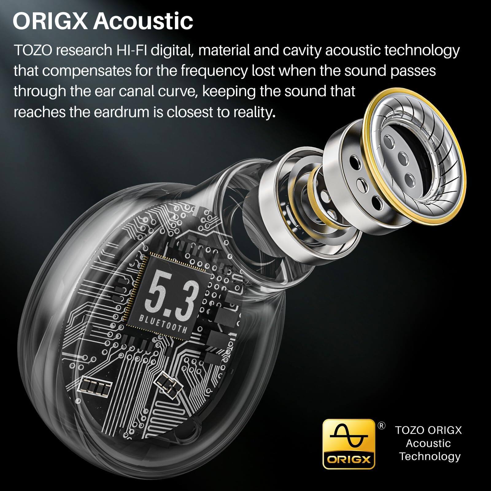 ORIGX Acoustic, TOZO research HI-FI digital, material and cavity acoustic technology that compensates for the frequency lost when the sound passes through the ear canal curve, keeping the sound that reaches the eardrum is closest to reality. BLUETOOTH 5.3. R TOZO ORIGX Acoustic Technology.