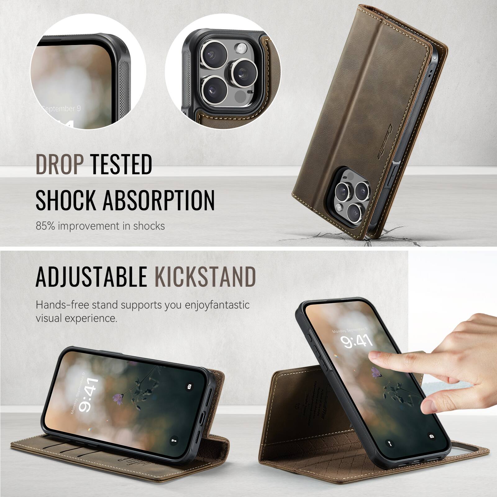 September 3  
DROP TESTED  
SHOCK ABSORPTION  
85% improvement in shocks  

ADJUSTABLE KICKSTAND  
Hands-free stand supports you enjoy fantastic visual experience.  

9:41  
Monday, September 9