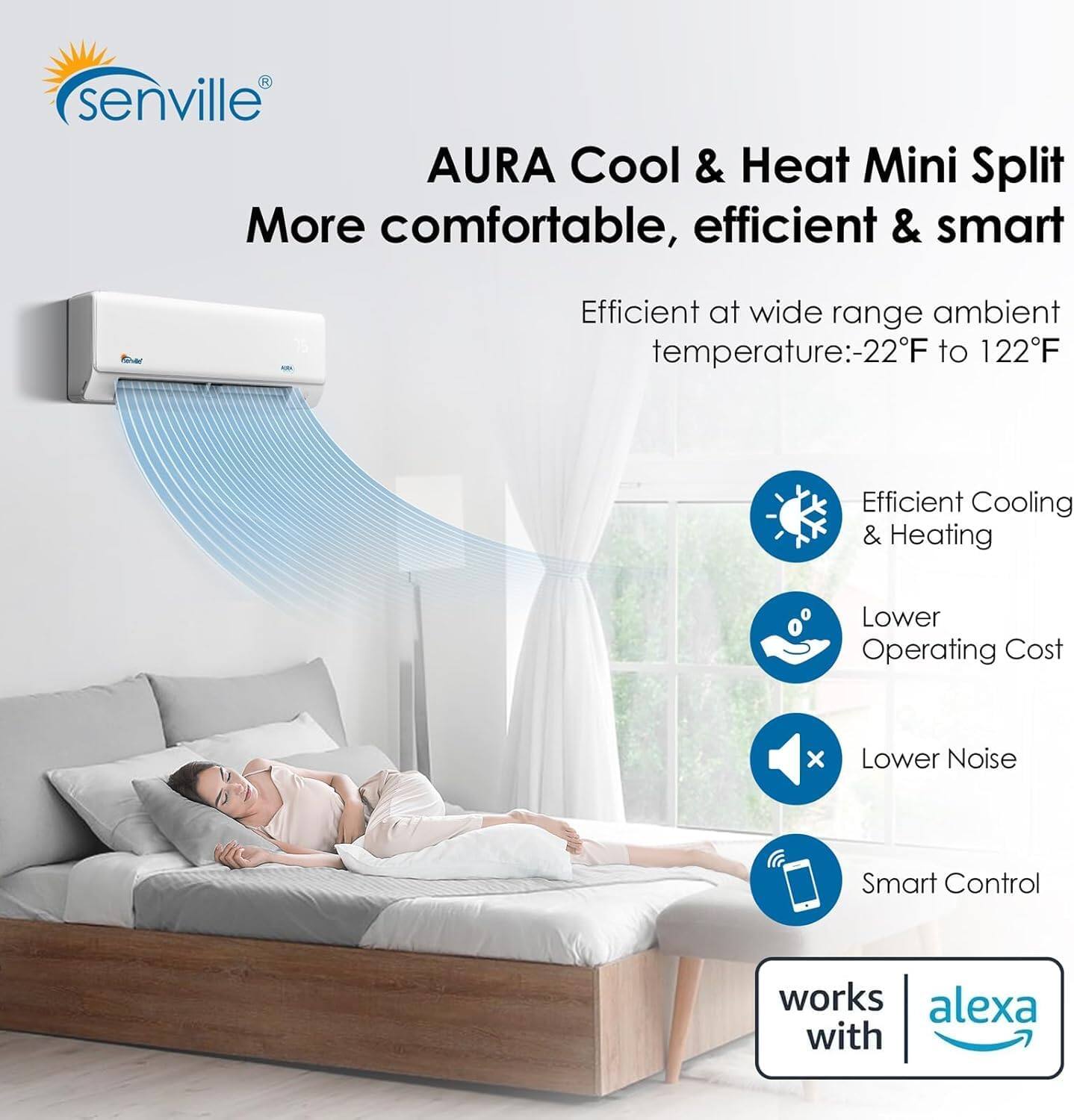 senville AURA Cool & Heat Mini Split More comfortable, efficient & smart  
Efficient at wide range ambient temperature:-22°F to 122°F  
Efficient Cooling & Heating  
Lower Operating Cost  
Lower Noise  
Smart Control works with alexa