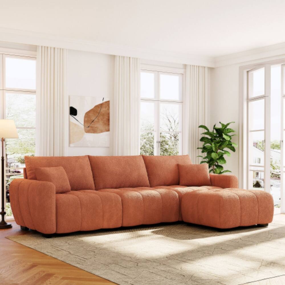 Alt View 1. LUCKY ONE - 110" L-Shape Modular Boucle Sectional Sofa w/ Extra-Large Seat Movable Ottoman - Orange.