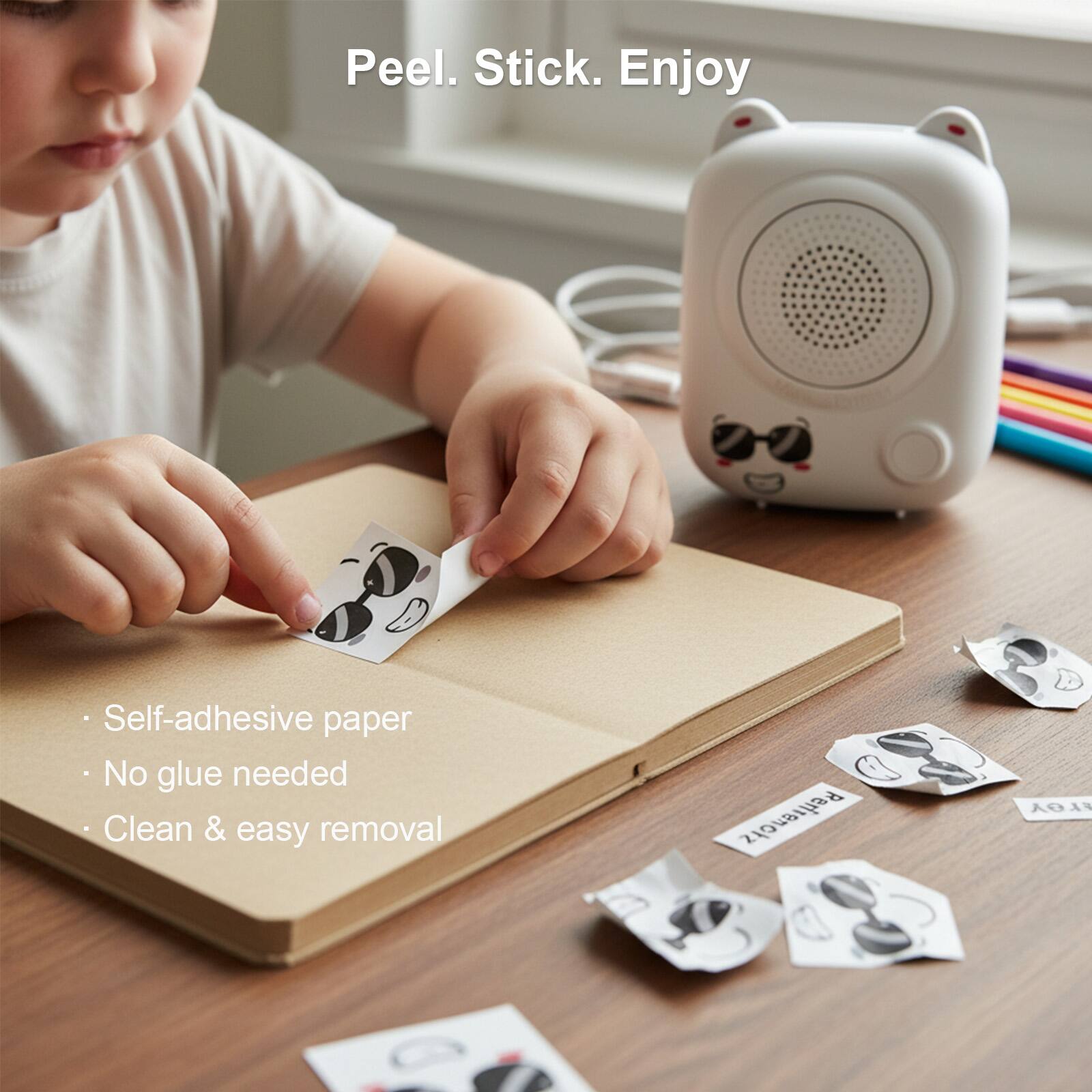 Peel. Stick. Enjoy

Self-adhesive paper  
No glue needed  
Clean & easy removal
