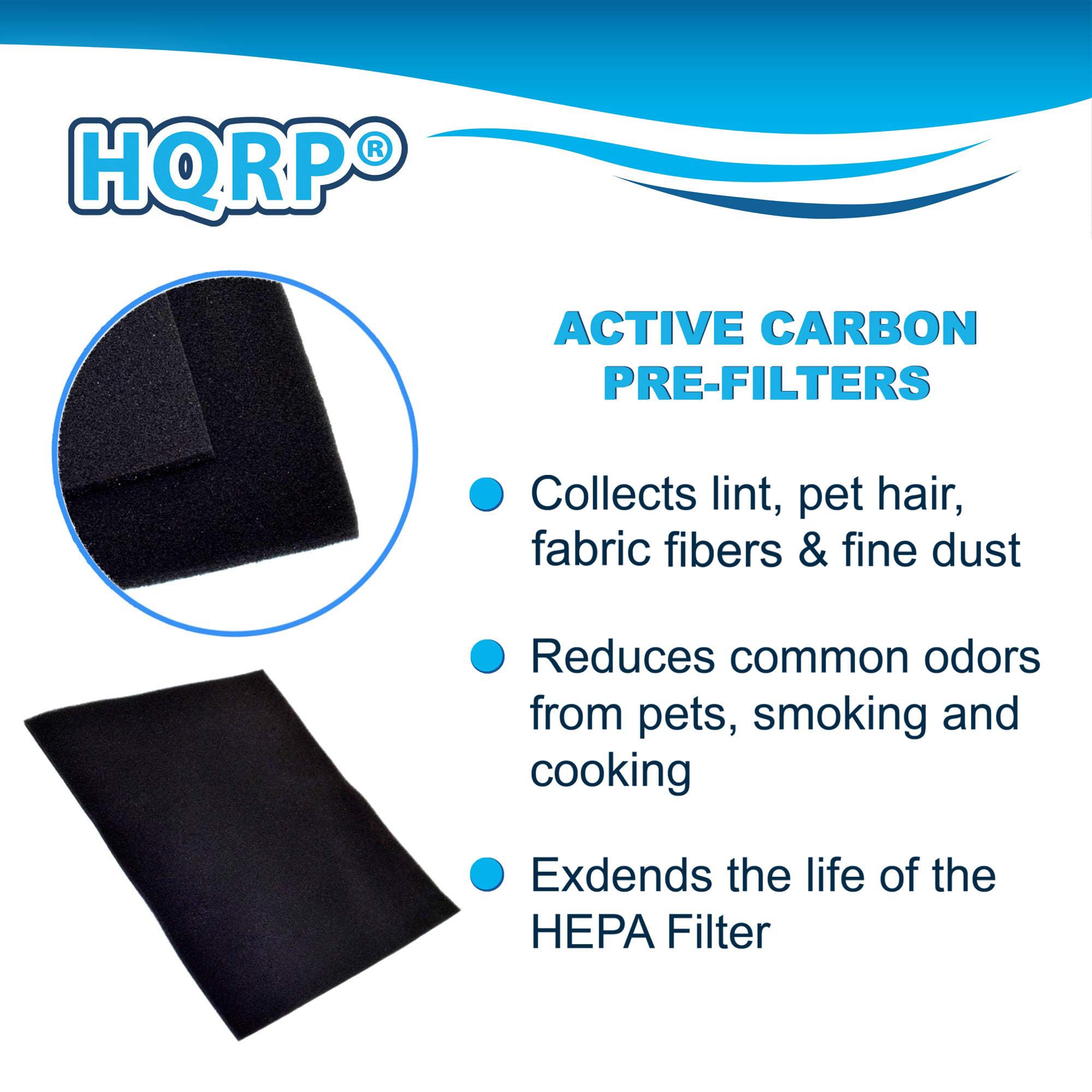 HQRP ACTIVE CARBON PRE-FILTERS  
Collects lint, pet hair, fabric fibers & fine dust  
Reduces common odors from pets, smoking and cooking  
Extends the life of the HEPA Filter