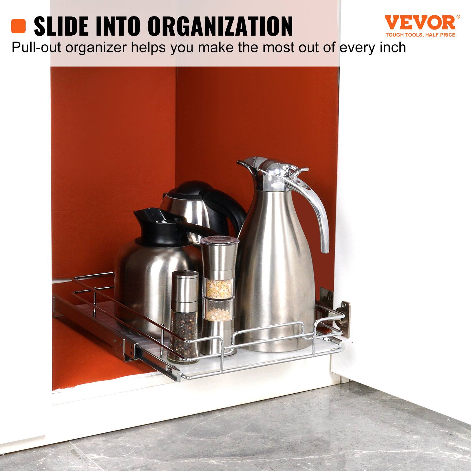 Slide into organization. Pull-out organizer helps you make the most out of every inch.
