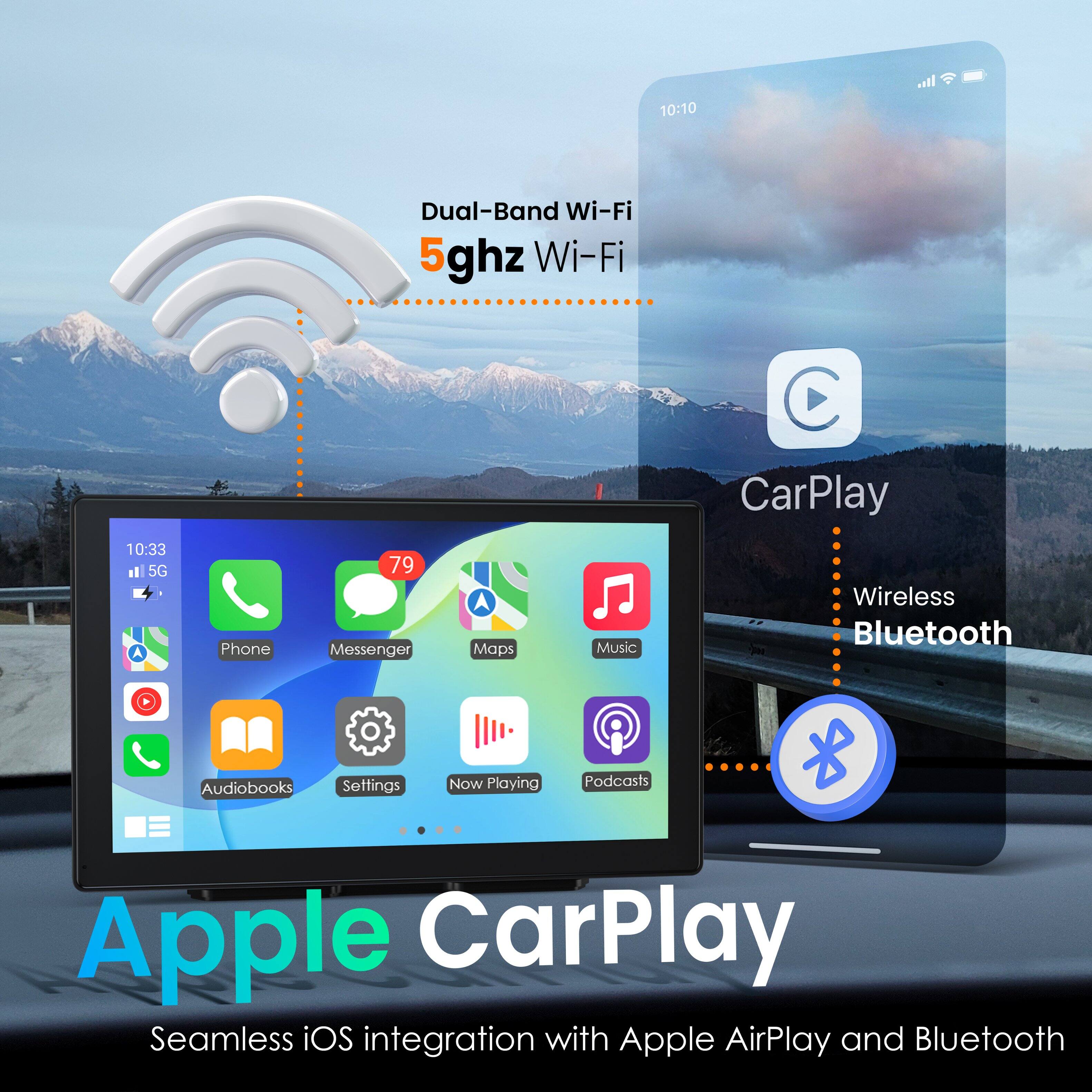 A: 10:10, Dual-Band Wi-Fi, 5ghz Wi-Fi, 10:33, 5G, A: Phone, 79, Messenger, A: Maps, Music, C: CarPlay, Wireless, Bluetooth, A: Audiobooks, Settings, Now Playing, Podcasts, Apple CarPlay, Seamless iOS integration with Apple AirPlay and Bluetooth