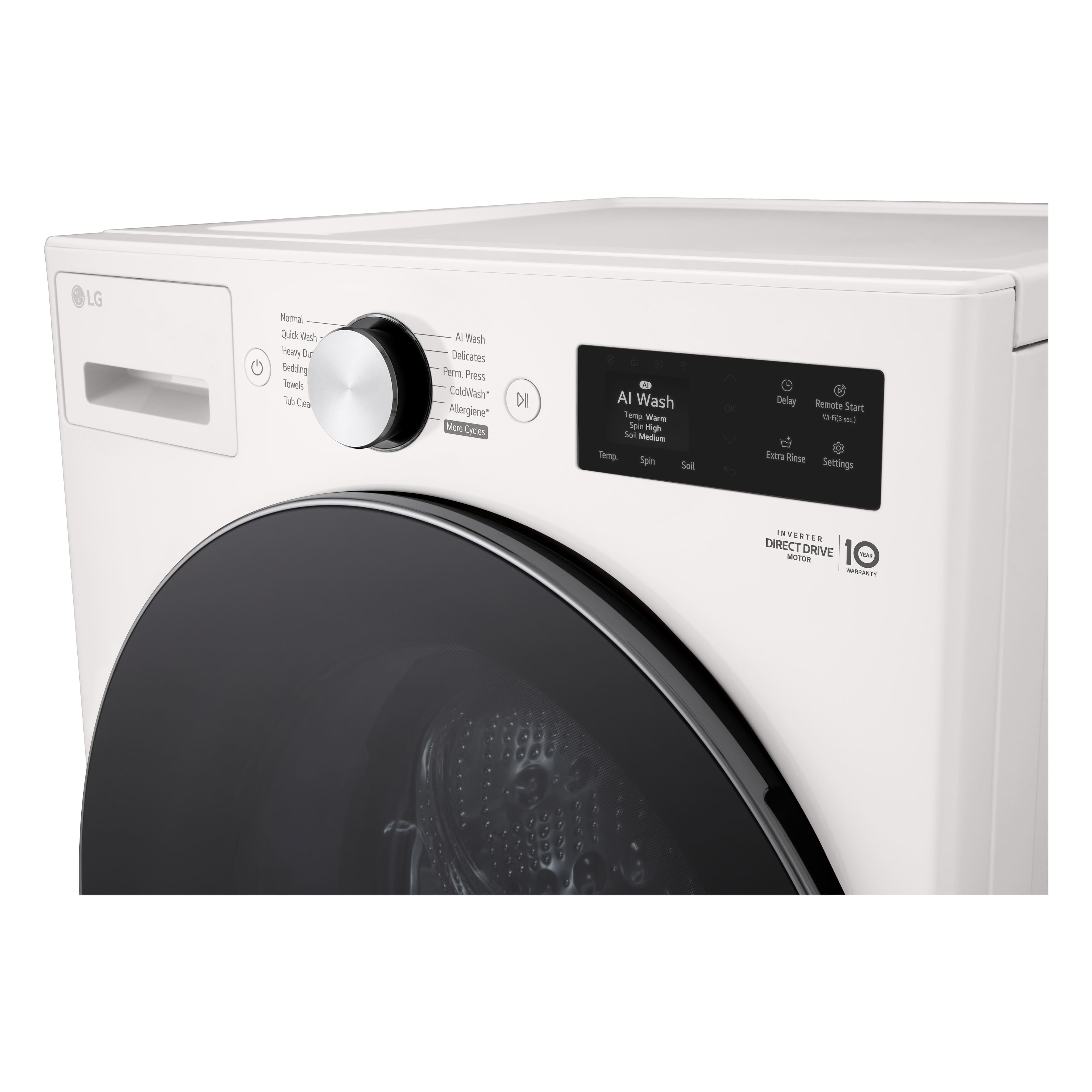 LG Normal Quick Wash Heavy Duty Bedding Towel Tub Clean AI Wash Delicates Perm Press ColdWash™ Allergiene™ More Cycles
AI Wash
Temp: Warm
Soil: Medium
Spin: High
Extra Rinse
Delay
Remote Start
Settings
INVERTER DIRECT DRIVE MOTOR
10 YEARS WARRANTY