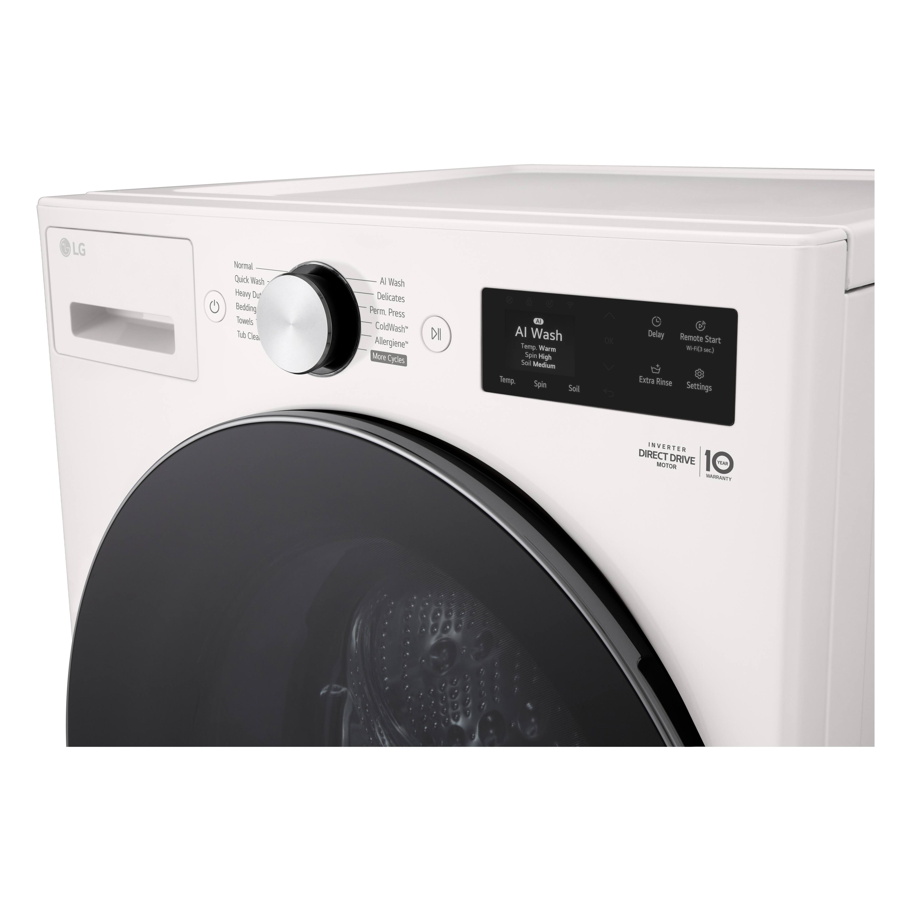 LG Normal Quick Wash Heavy Duty Bedding Towel Tub Clean AI Wash Delicates Perm Press ColdWash™ Allergiene™ More Cycles

AI Wash
Temp: Warm
Soil: Medium
Spin: High
Extra Rinse

Delay
Remote Start
Settings

INVERTER DIRECT DRIVE MOTOR
10 YEARS WARRANTY
