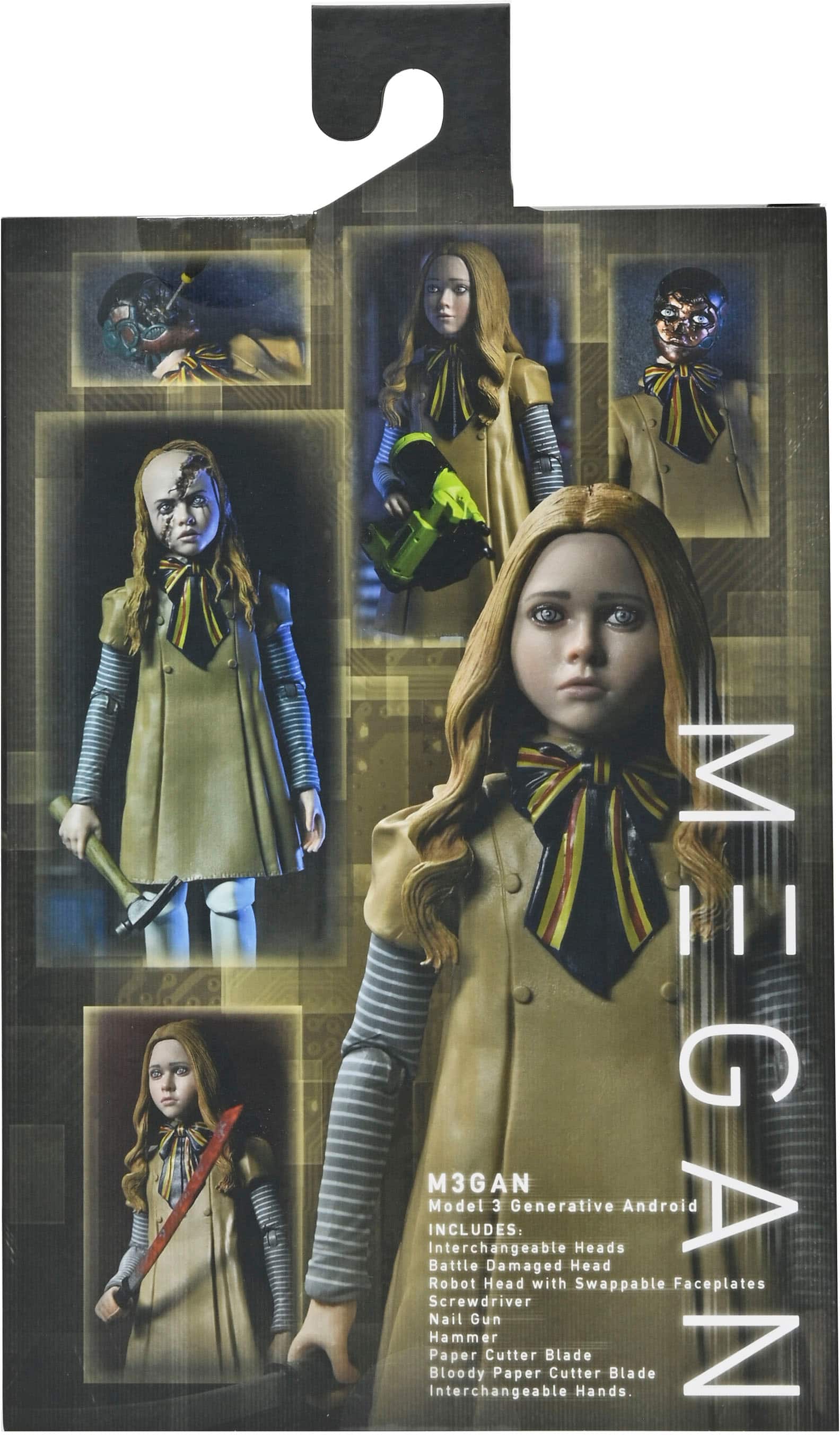 M3GAN INCLUDES: Model, Interchangeable Screwdriver, Nail Robot, Battle Hammer, Paper Interchangeable Bloody Gun Head Cutter, Damaged 3 Paper Generative with Blade Cutter Head, Heads Swappable Hands, Blade Android LM3GAN Faceplates.