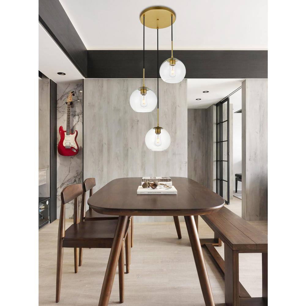 Angle. Living District - Baxter 3 Lights Brass Pendant With Clear Glass - Brass And Clear.
