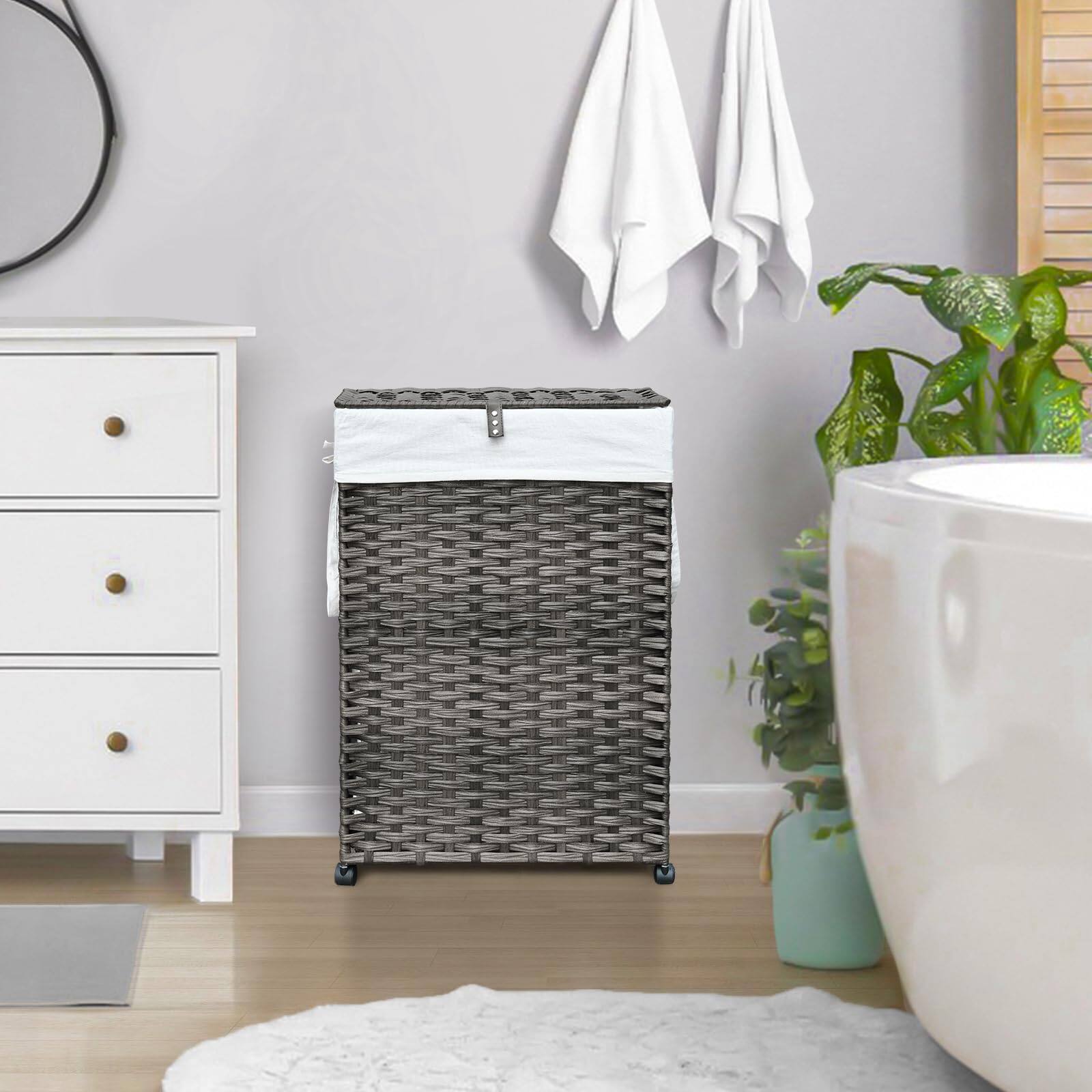 Back. JETRANSPORT - 70l Slim Laundry Hamper With Lid & Wheels Rolling Basket 2 Removable Liner Bags 3 Mesh Narrow Dirty Clothes - Natural 2.