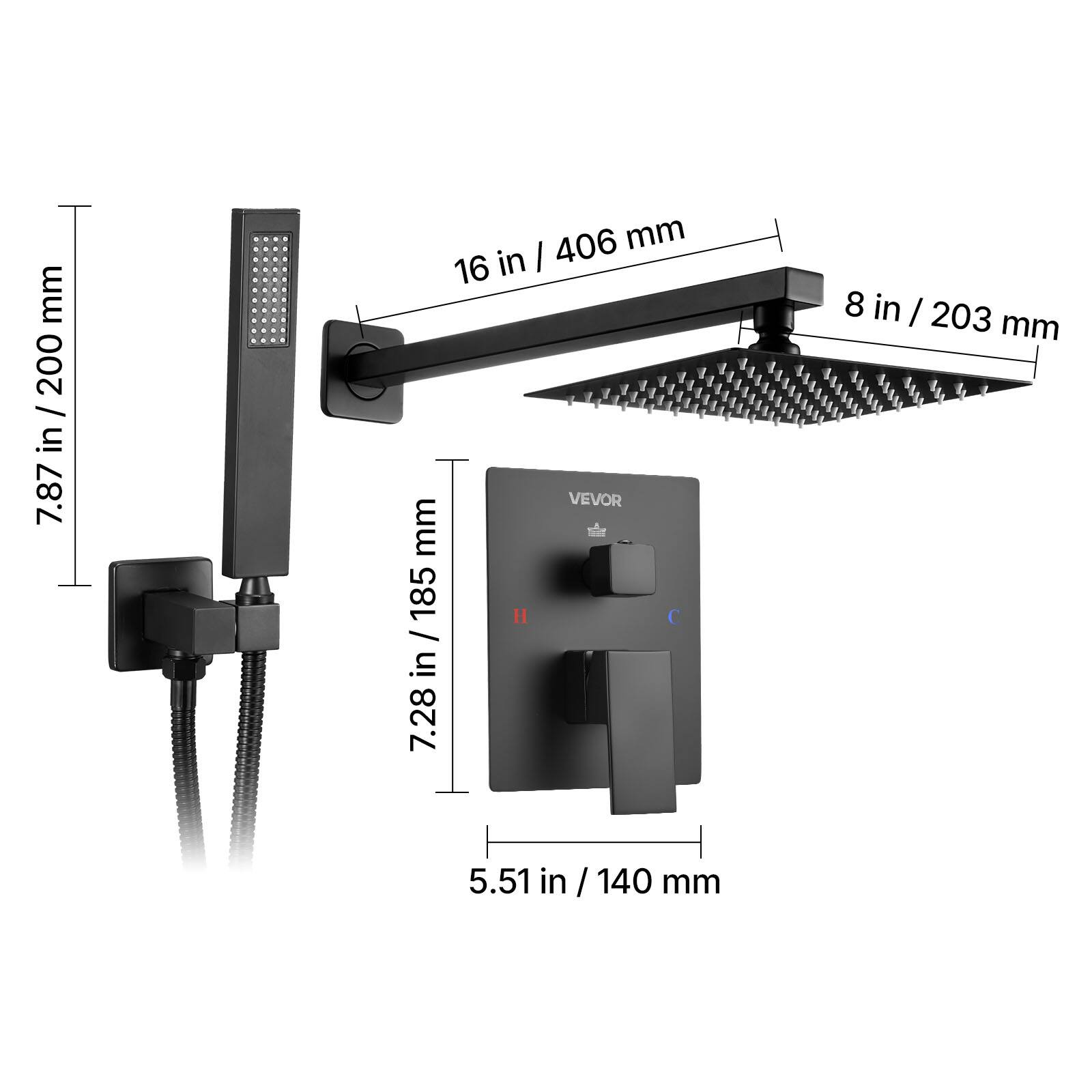 Here is the corrected and grouped text:

- 200 mm / 7.87 in
- 16 in / 406 mm
- 185 mm / 7.28 in
- 8 in / 203 mm
- 5.51 in / 140 mm