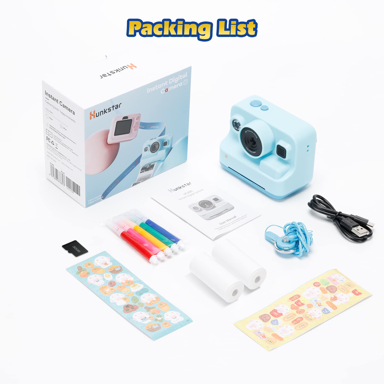 Packing List
- Hunkstar Instant Digital Camera
- User Manual
- USB Cable
- 4x AA Batteries
- 2x Film Rolls
- 12x Stickers (Pumpkin-themed)
- 12x Stickers (Cute-themed)
- 4x Colorful Markers
- SD Card (16GB)