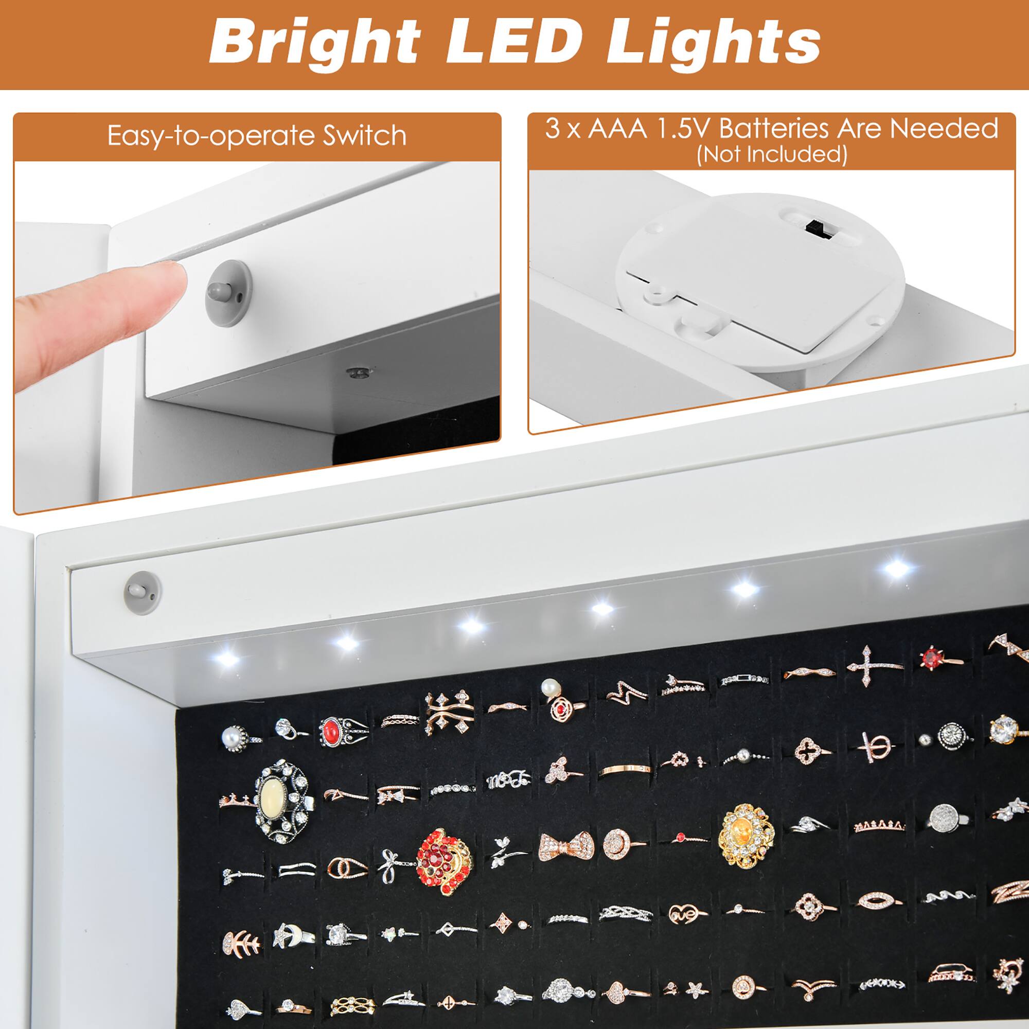 Bright LED Lights

Easy-to-operate Switch

3 x AAA 1.5V Batteries Are Needed (Not Included)