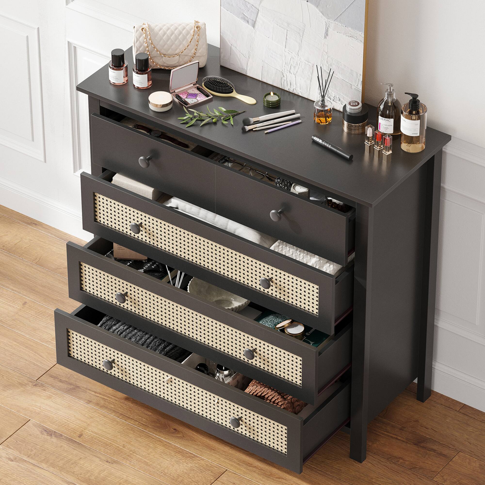 Back. GOODSILO - Modern Sideboard Buffet Cabinet with Drawers and Rattan Accents for Kitchen Living Room Dining Room Hallway - Black.