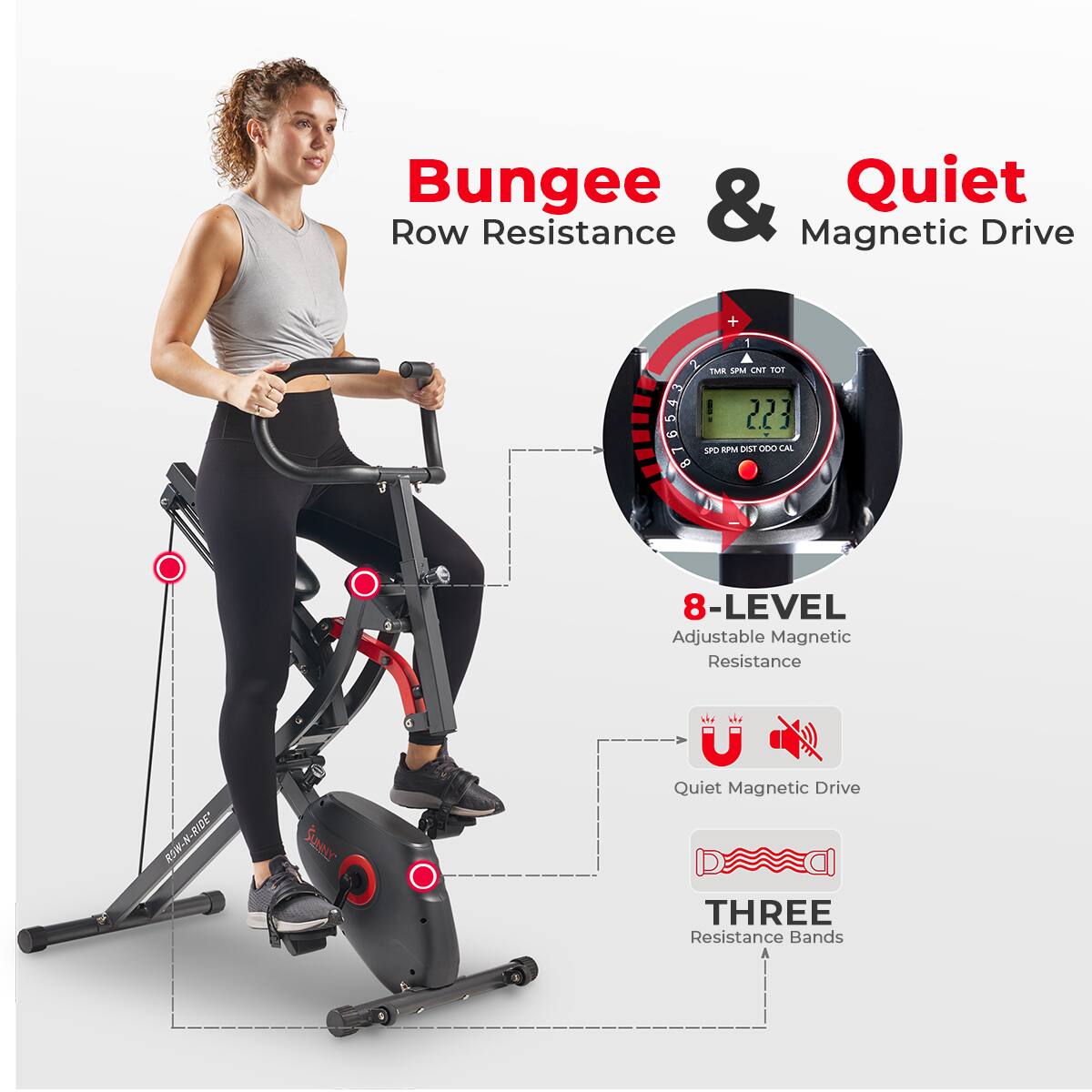 Bungee & Quiet Row Resistance Magnetic Drive, 8-LEVEL Adjustable Magnetic Resistance, Quiet Magnetic Drive, THREE Resistance Bands