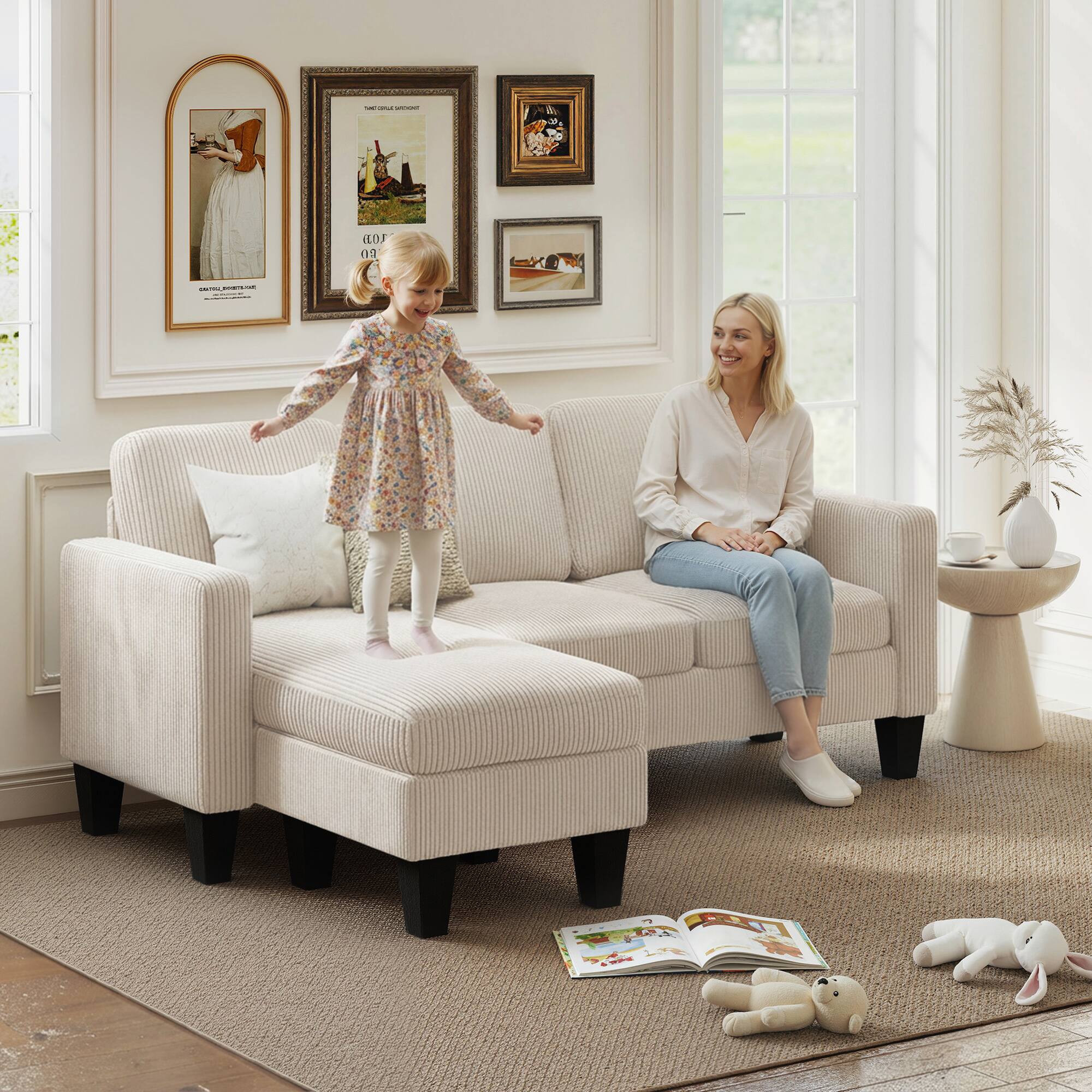 Alt View 1. Homcom - Sofa, L Shaped Couch, with Reversible Chaise or Ottoman - Cream White.
